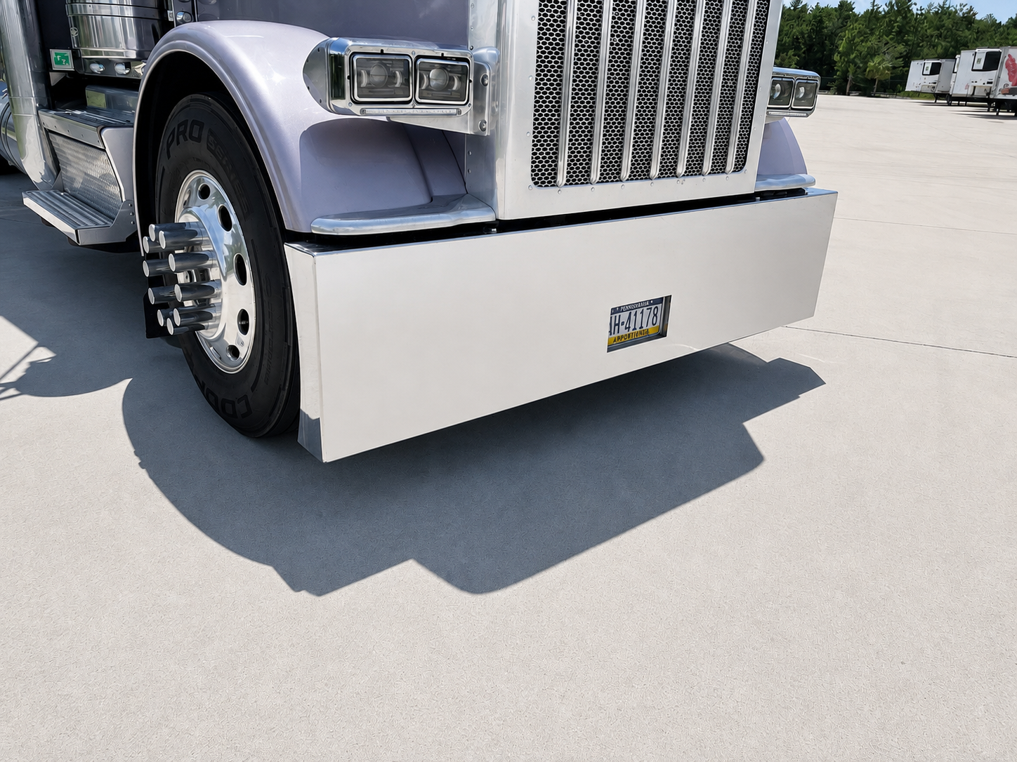 Peterbilt 379 389 589 Stainless Steel square box end Bumper W/ 4 Inch Ends, Blind Mount & Mounting Plates For Peterbilt 379 389 By Floridas Finest Customs Works, Mirror Finish Made In USA