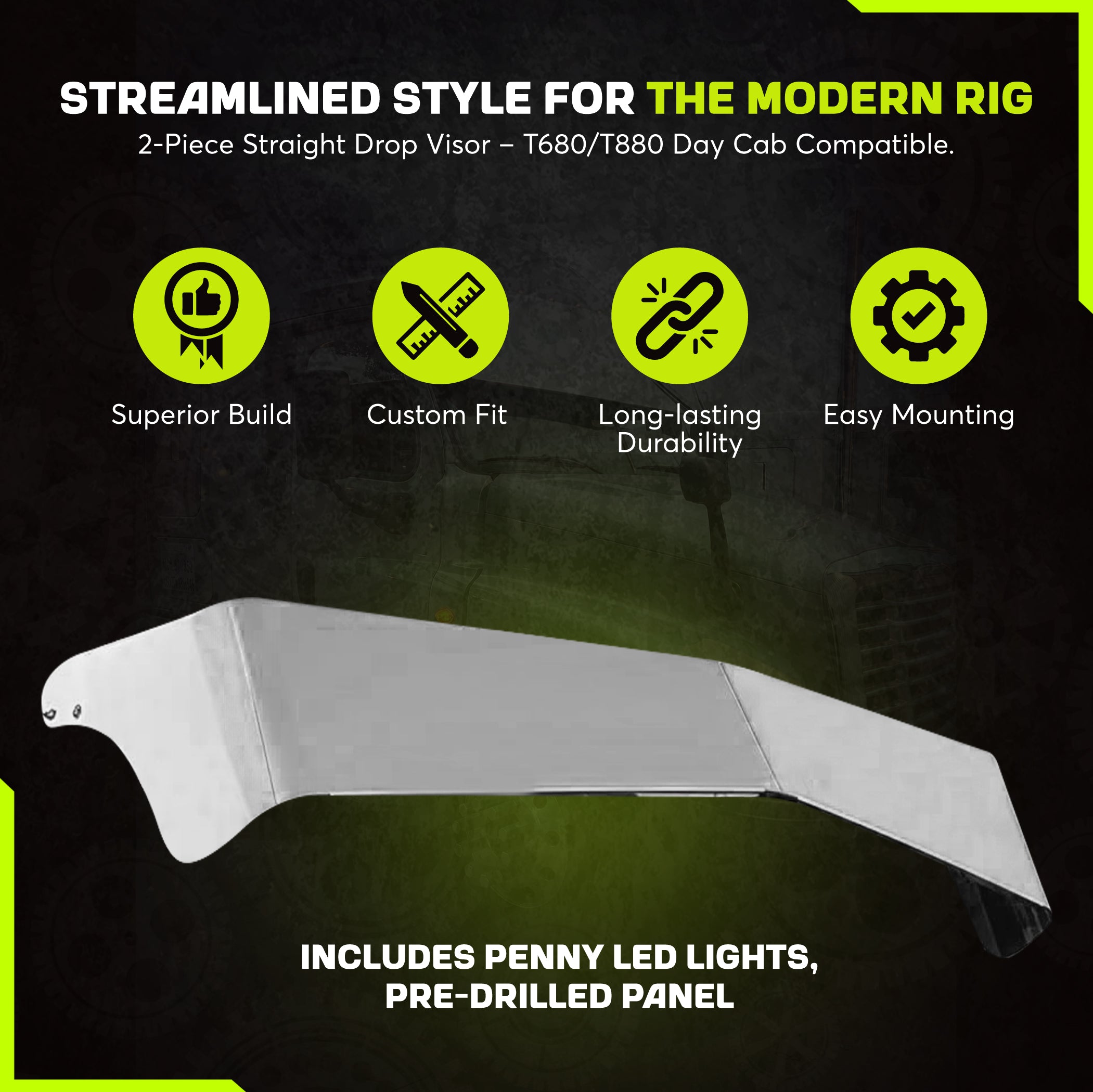 Bowtide visor compatible with Kenworth t680 880 day cab