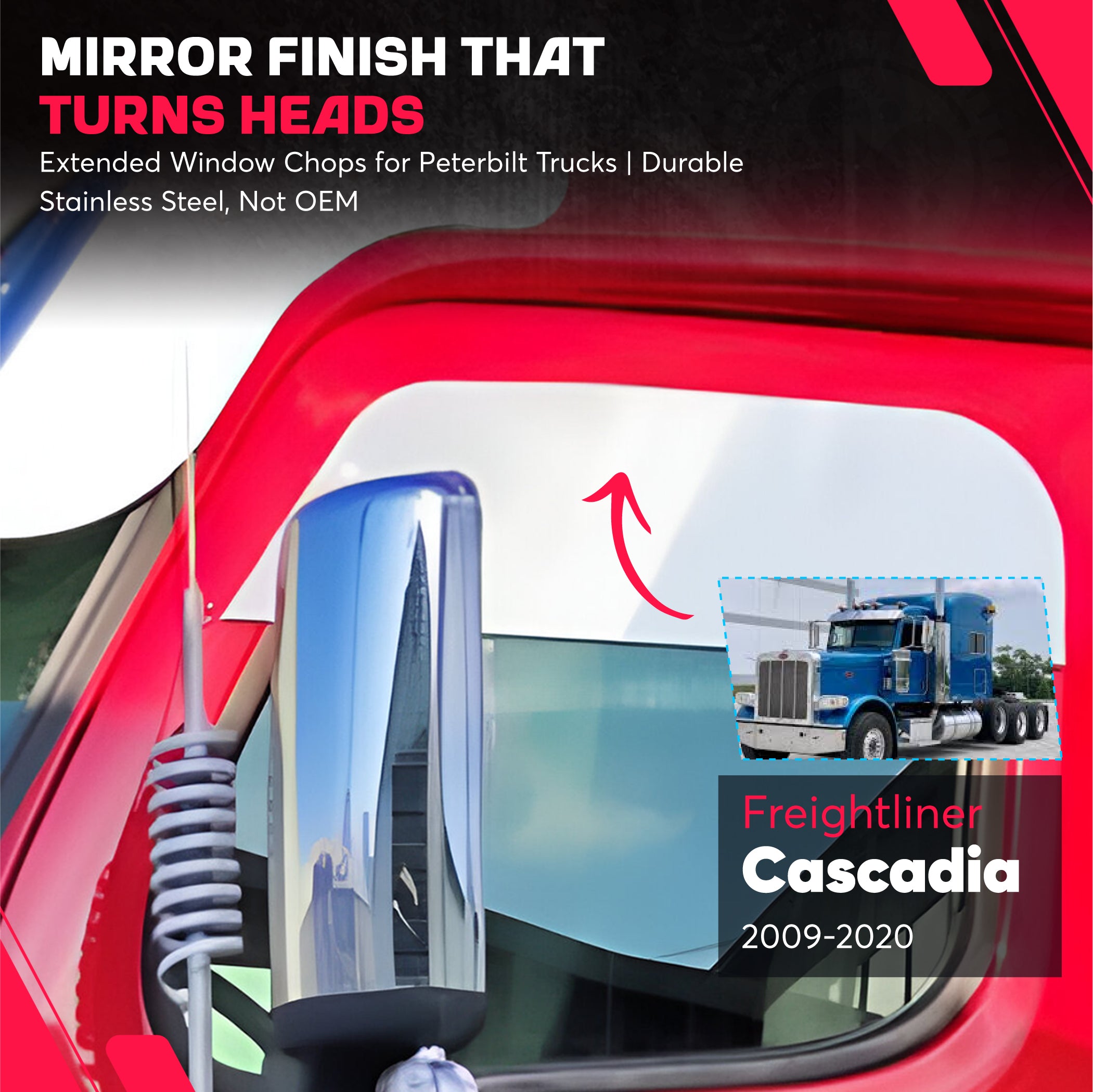 Freightliner Cascadia 10 Inch Chop Top Windows Set Stainless Steel