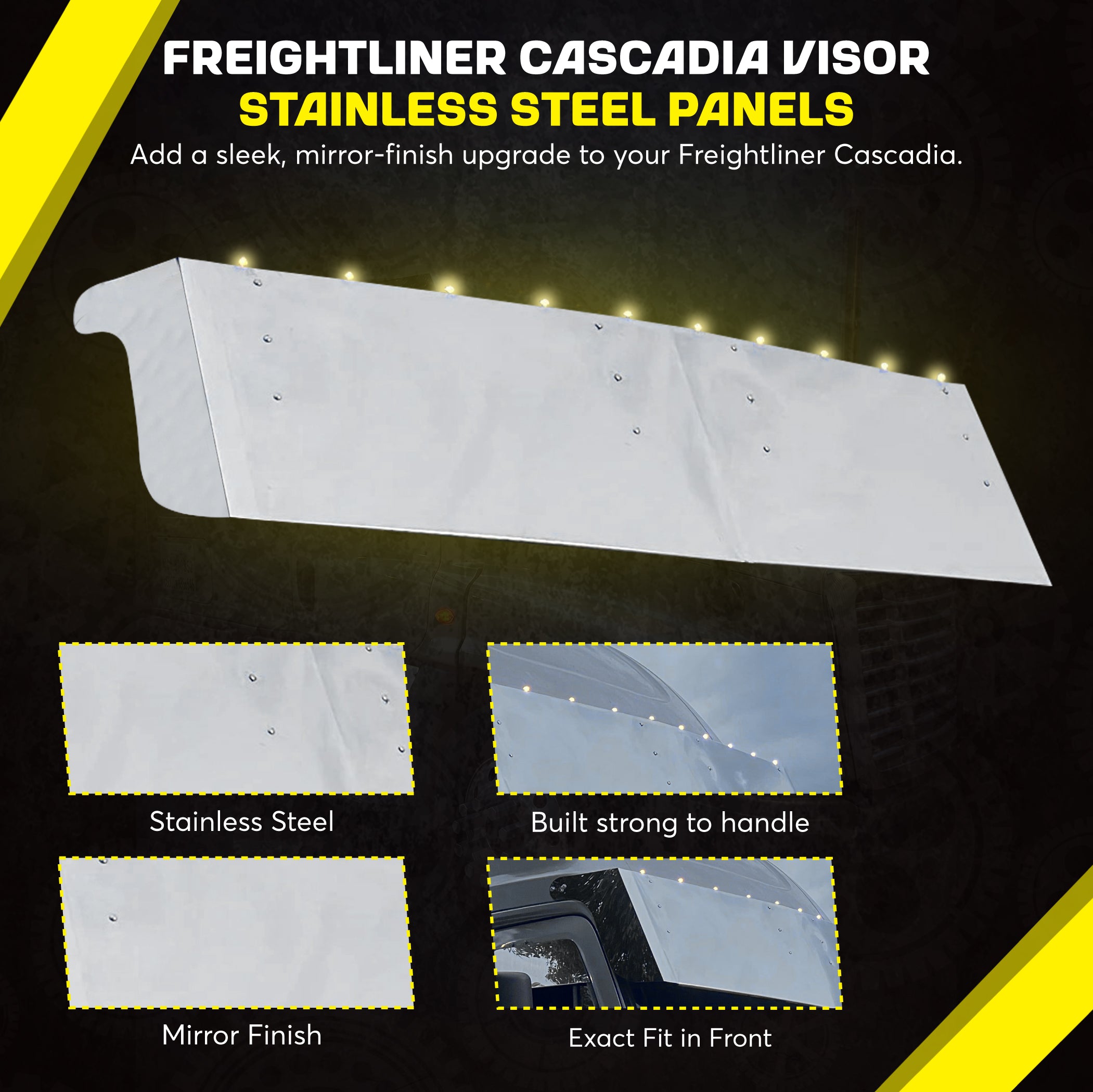 Freightliner Cascadia High Roof Visor Stainless Steel 18, 20 and 22 Inches