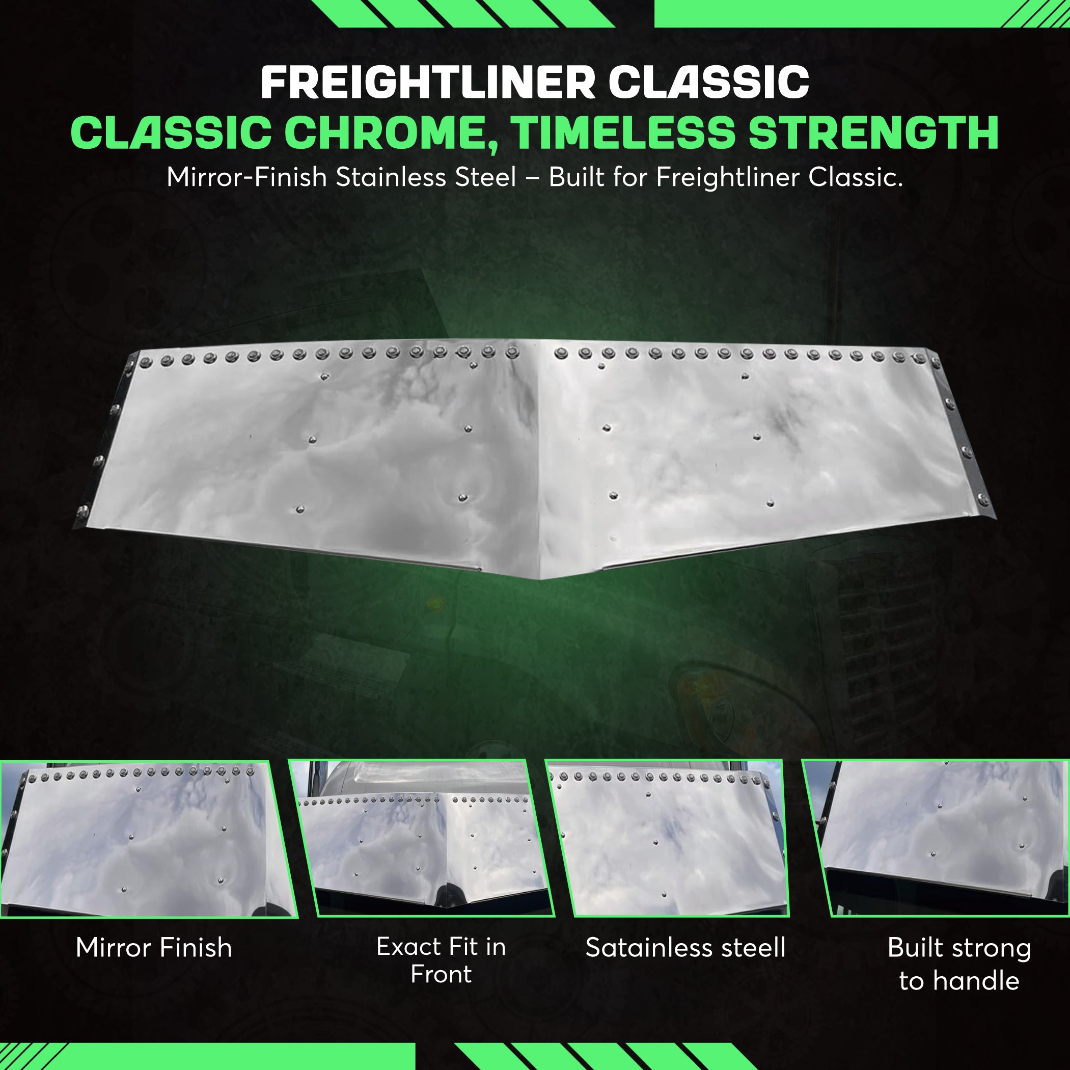 Freightliner Classic Visor sides 18 inches middle 22 inches Angry Stainless Steel