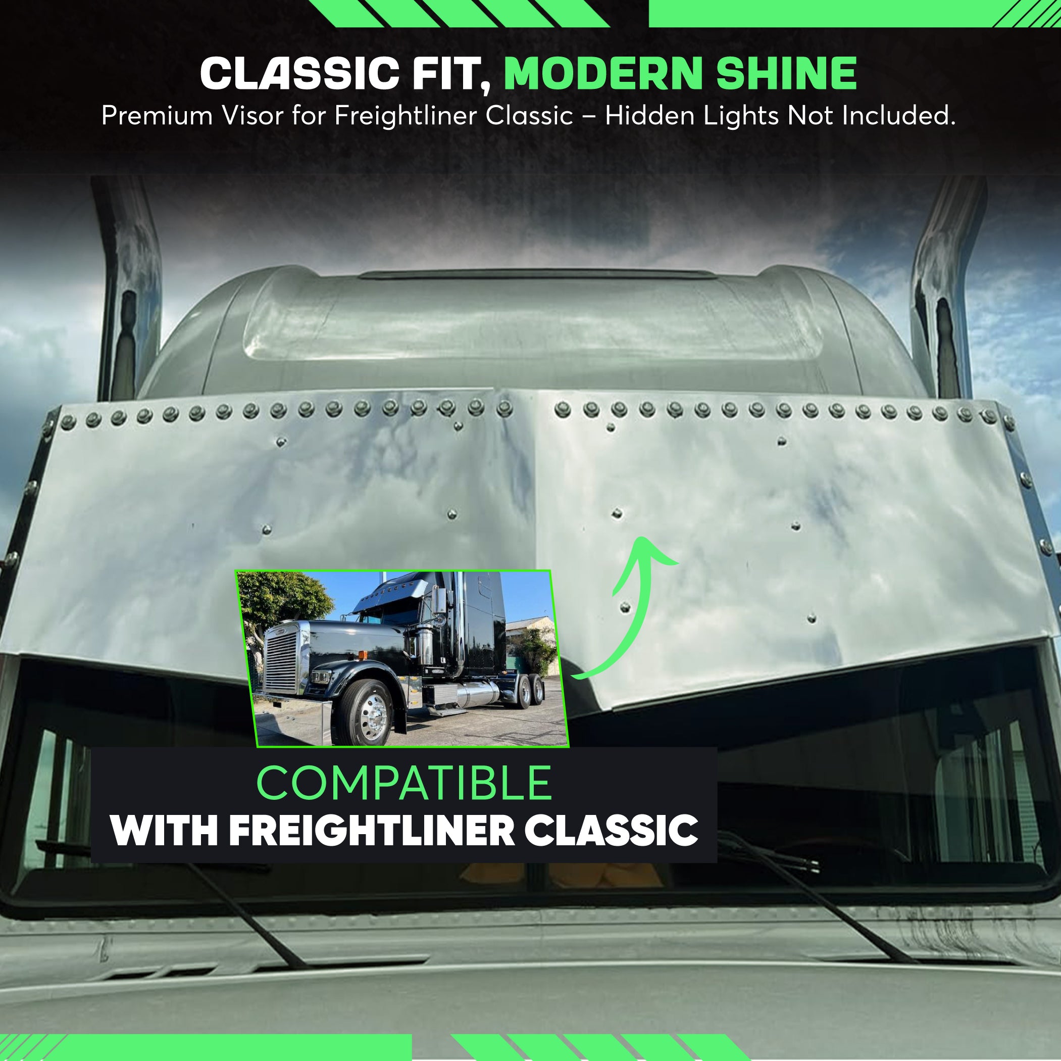 Freightliner Classic Visor sides 18 inches middle 22 inches Angry Stainless Steel