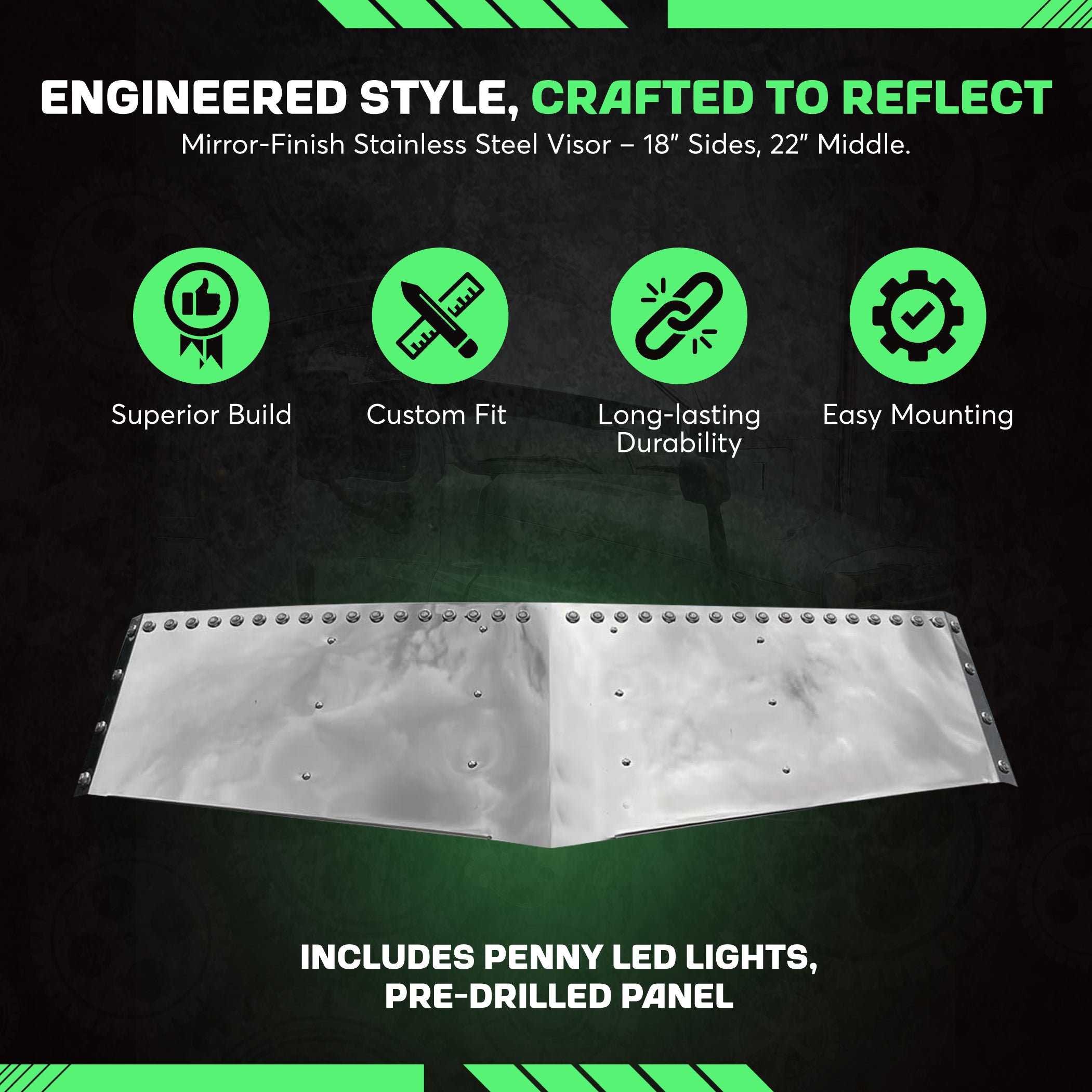 Freightliner Classic Visor sides 18 inches middle 22 inches Angry Stainless Steel