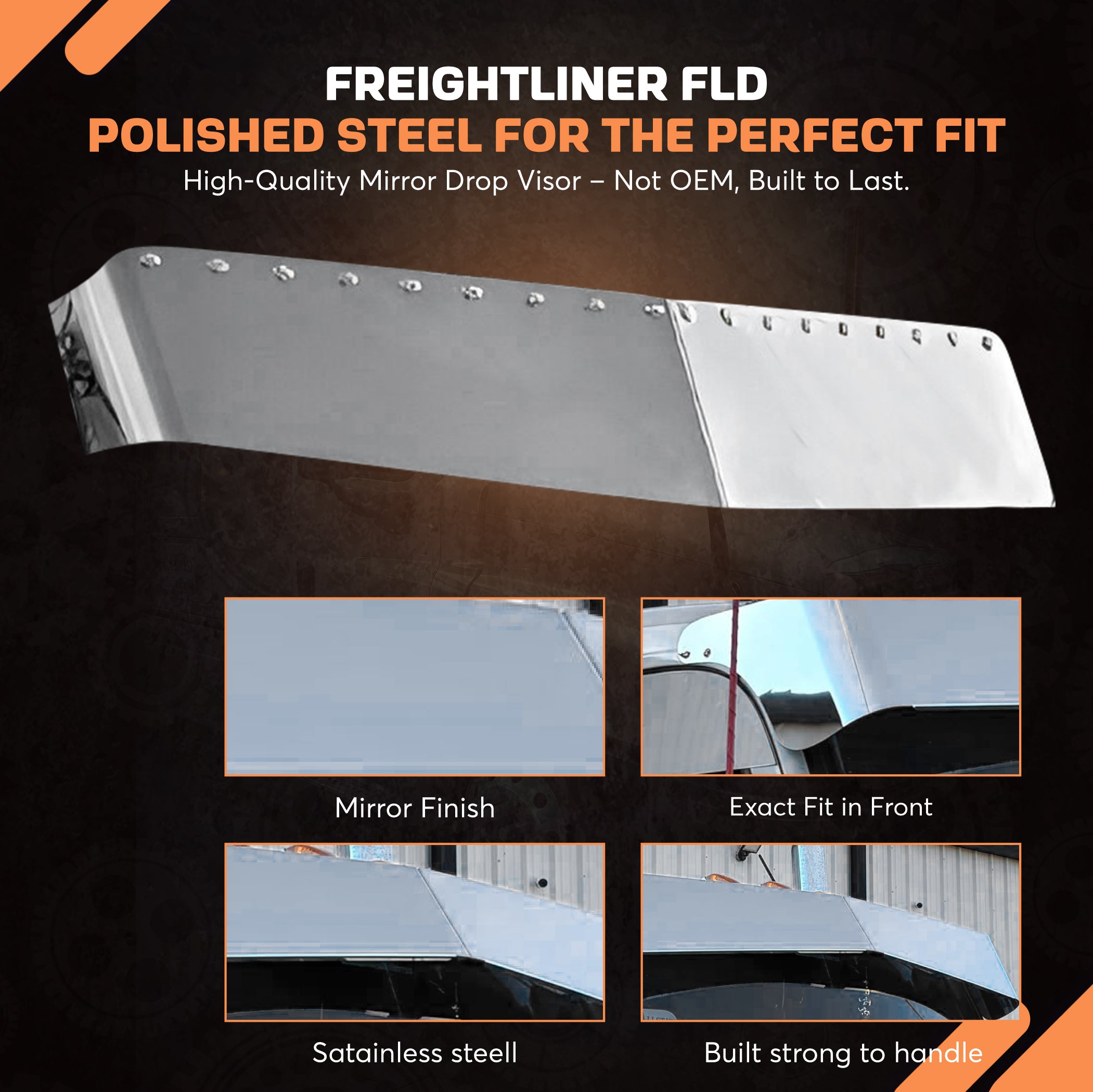 Freightliner FLD Flat Top Visor 13 inches Stainless Steel