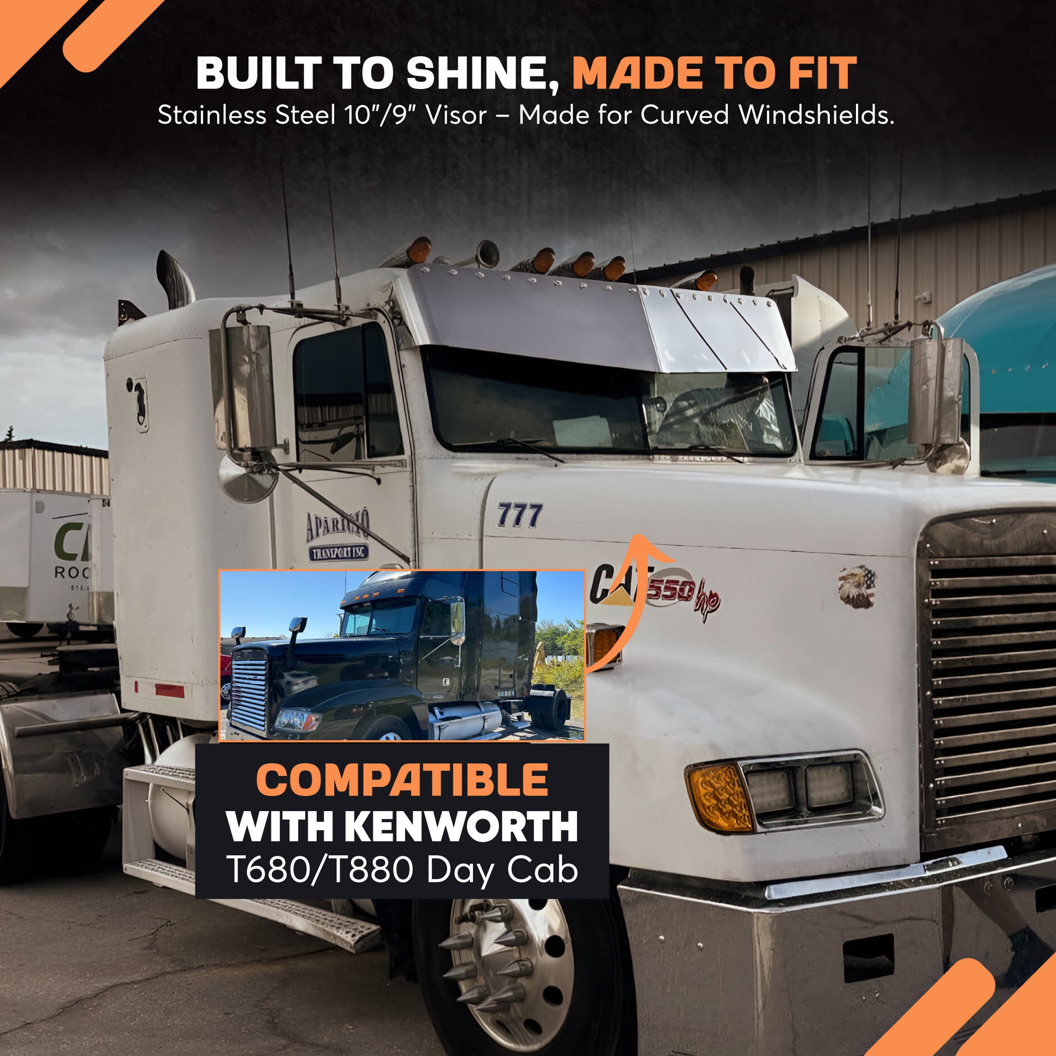 Freightliner FLD Flat Top Visor 13 inches Stainless Steel