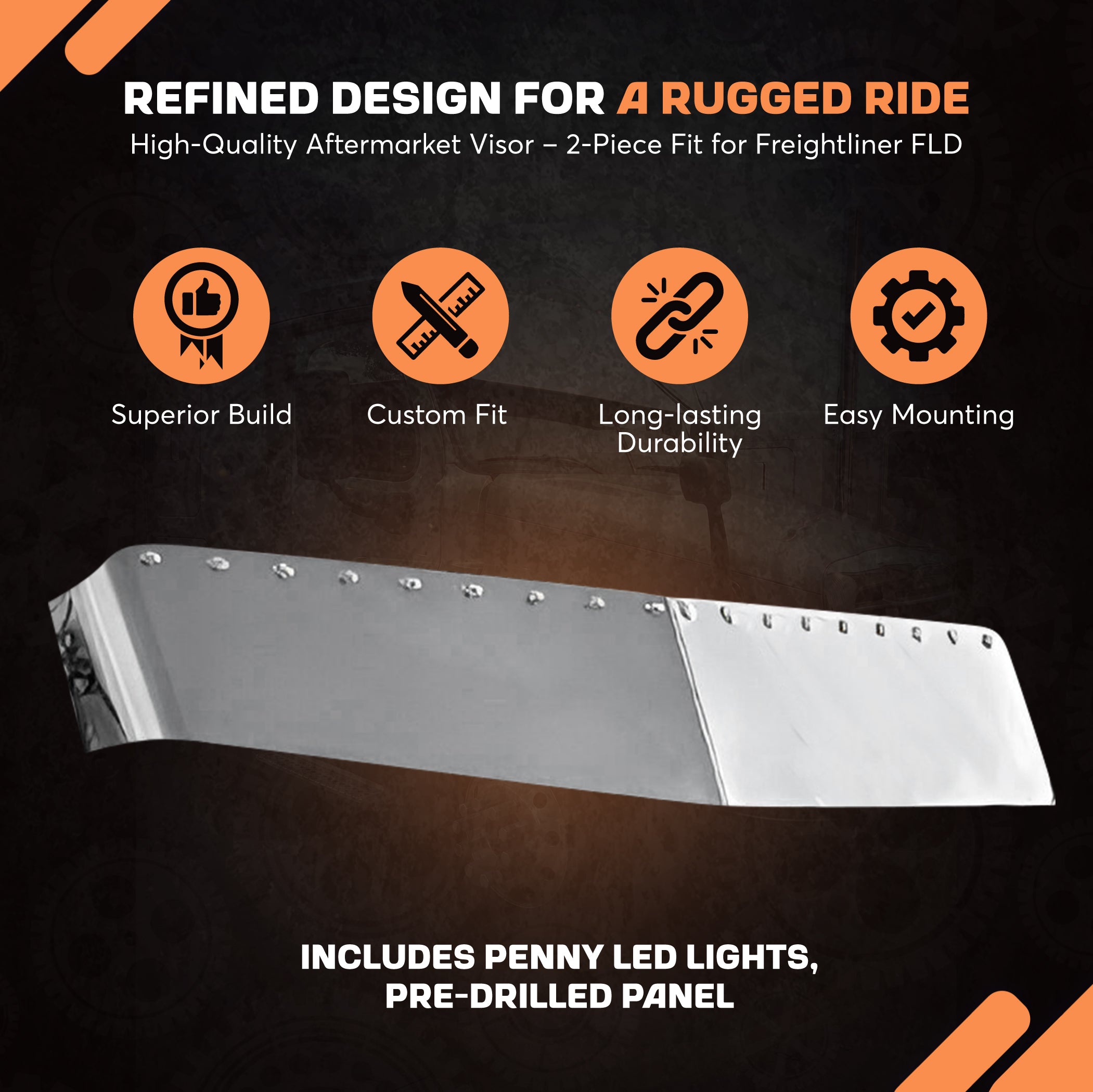 Freightliner FLD Flat Top Visor 13 inches Stainless Steel