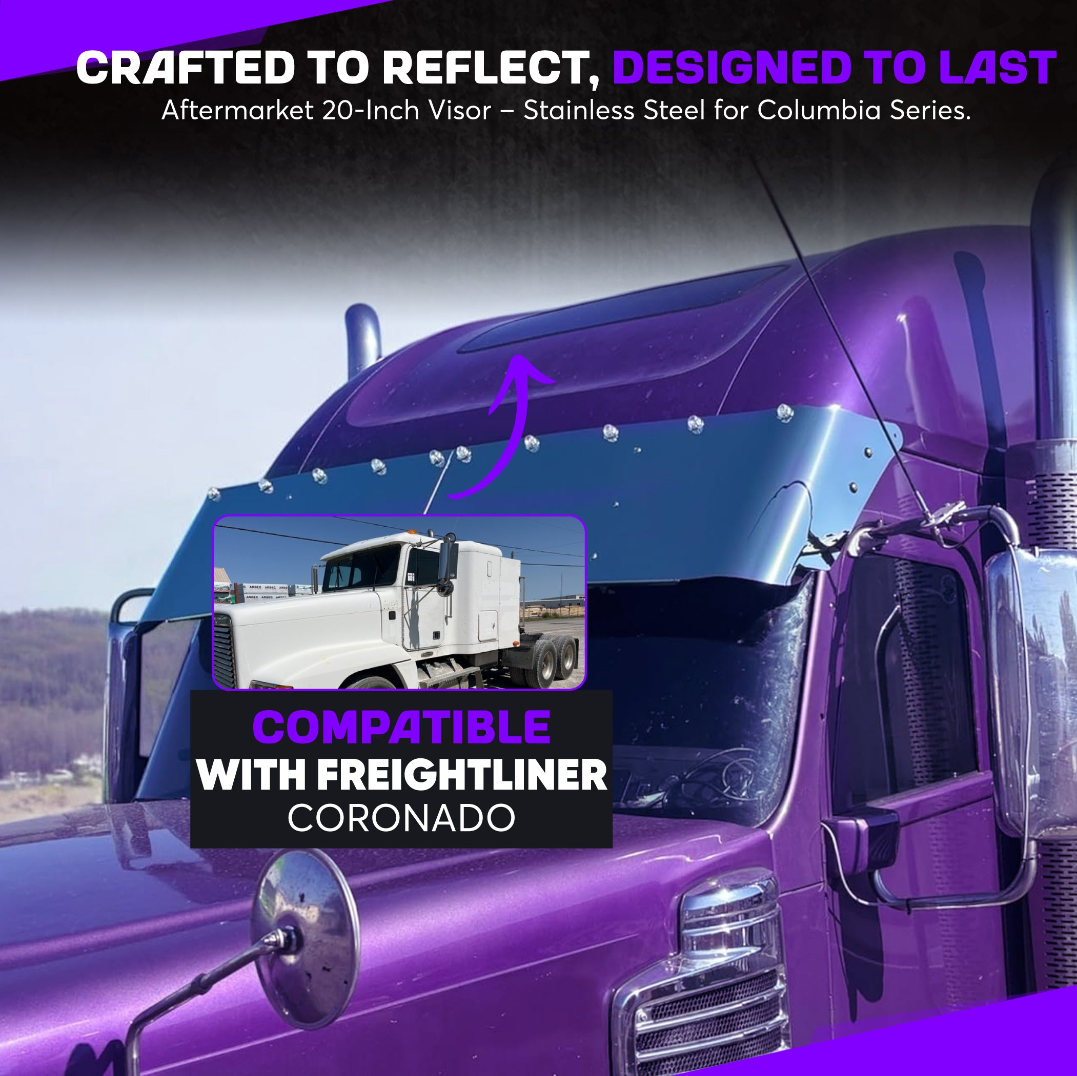 Freightliner Coronado Columbia Visor 20 inches Stainless Steel