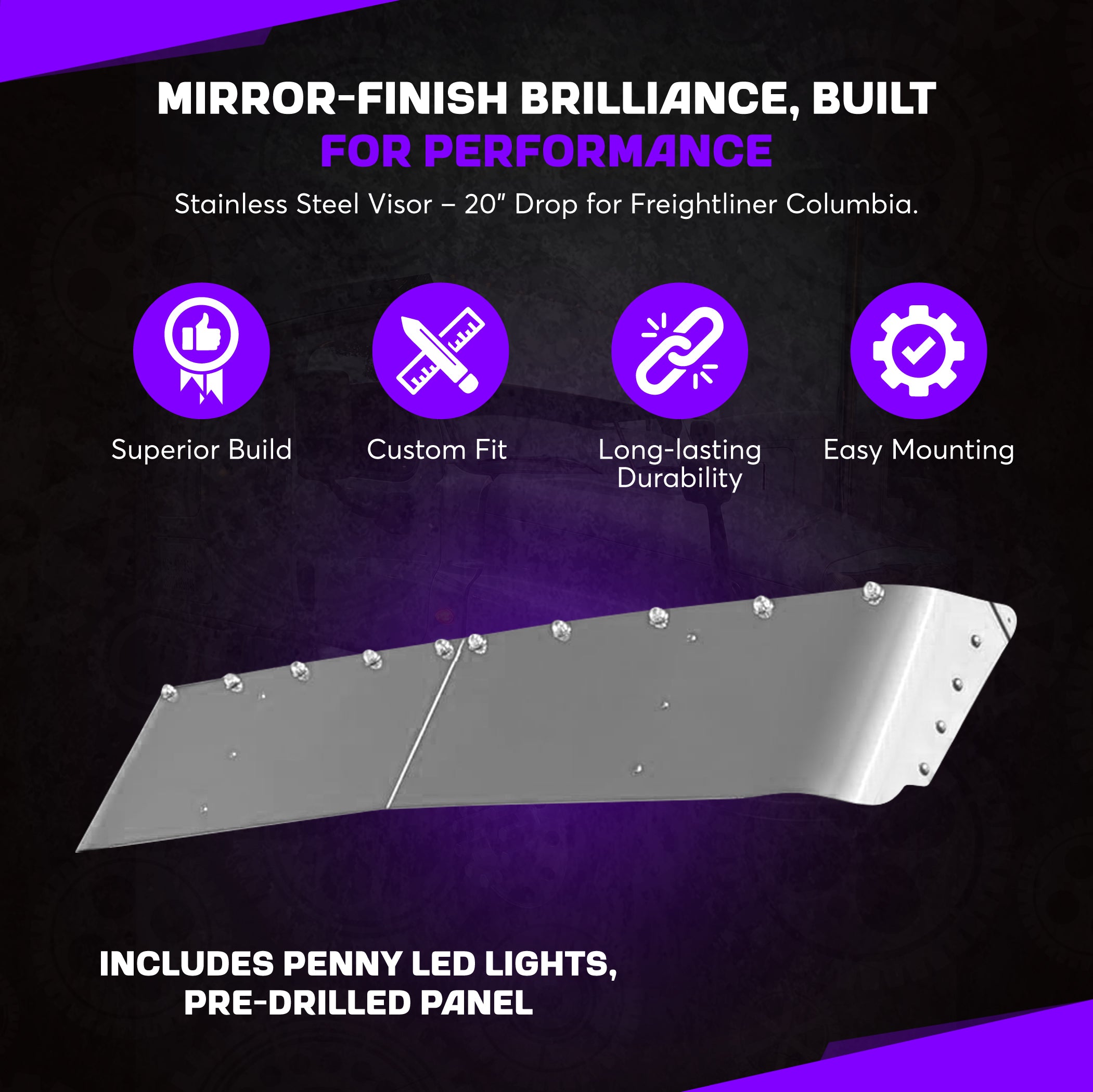 Freightliner Coronado Columbia Visor 20 inches Stainless Steel