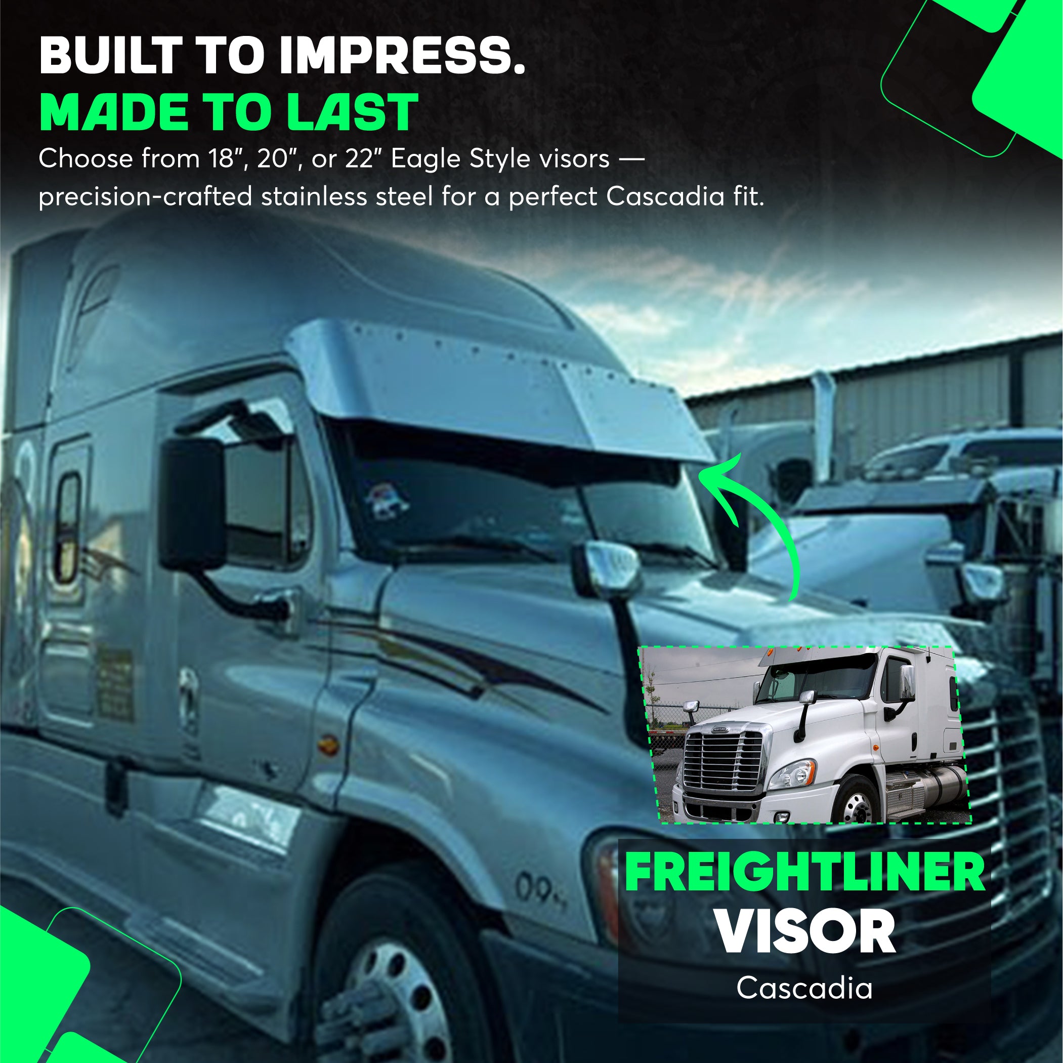 Freightliner Cascadia Visor Eagle Style Stainless Steel 18, 20 and 22 Inches