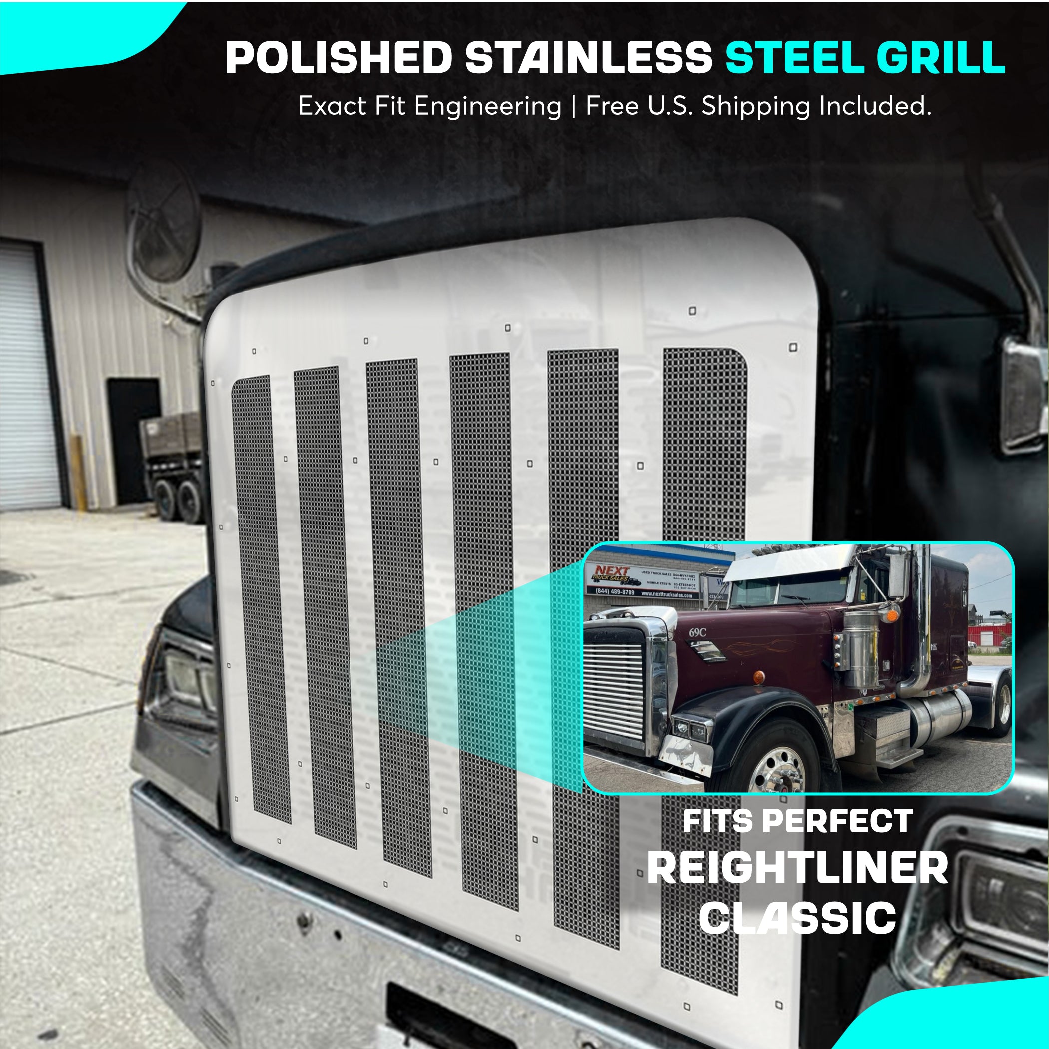 Freightliner Classic, XL Stainless Steel 5 Bars Hood Grill