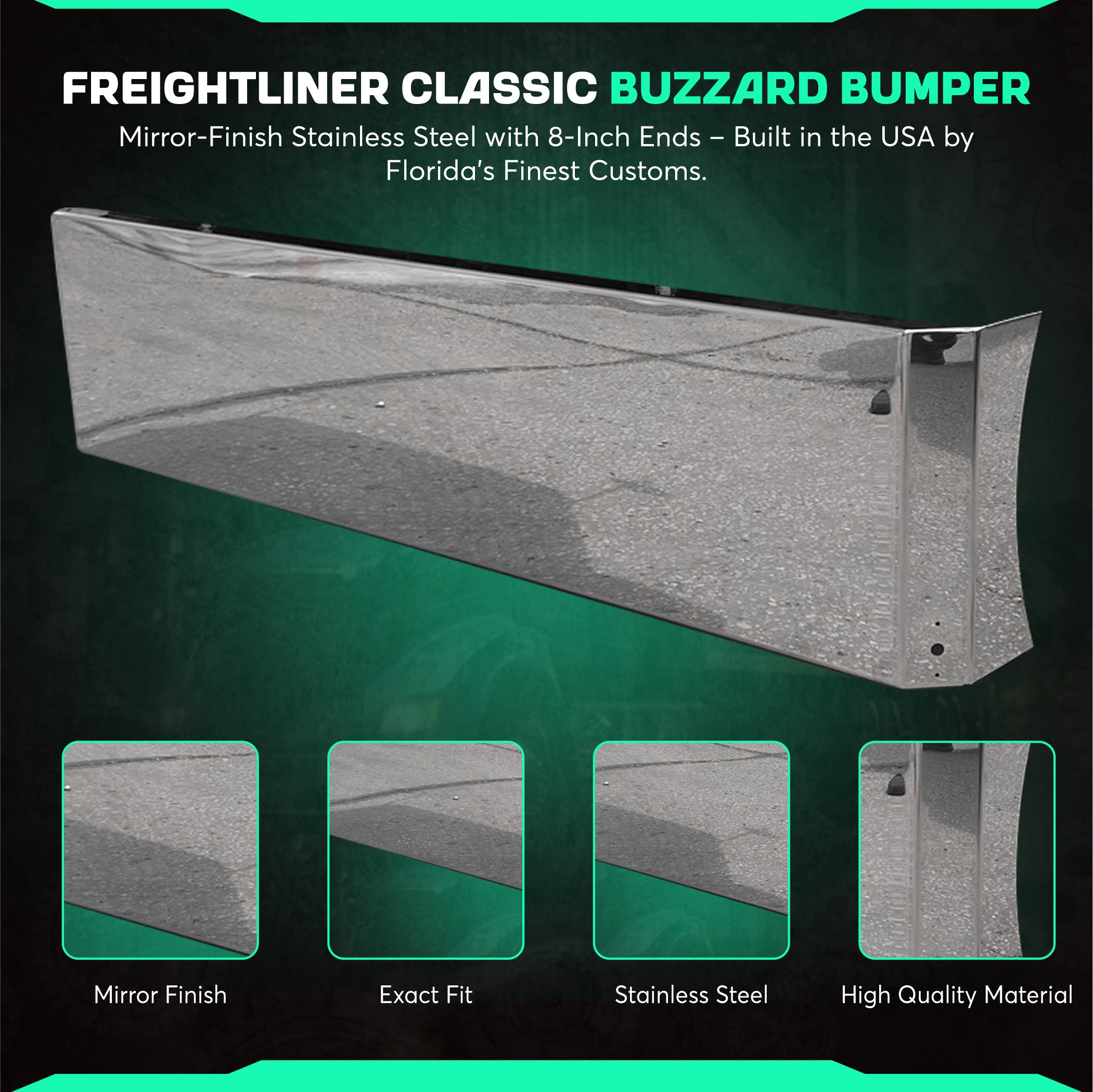 Freightliner Classic Stainless Steel Buzzard Bumper W/ 8 Inch Ends, Blind Mount & Mounting Plates For Freighliner By Floridas Finest Customs Works, Mirror Finish Made In USA