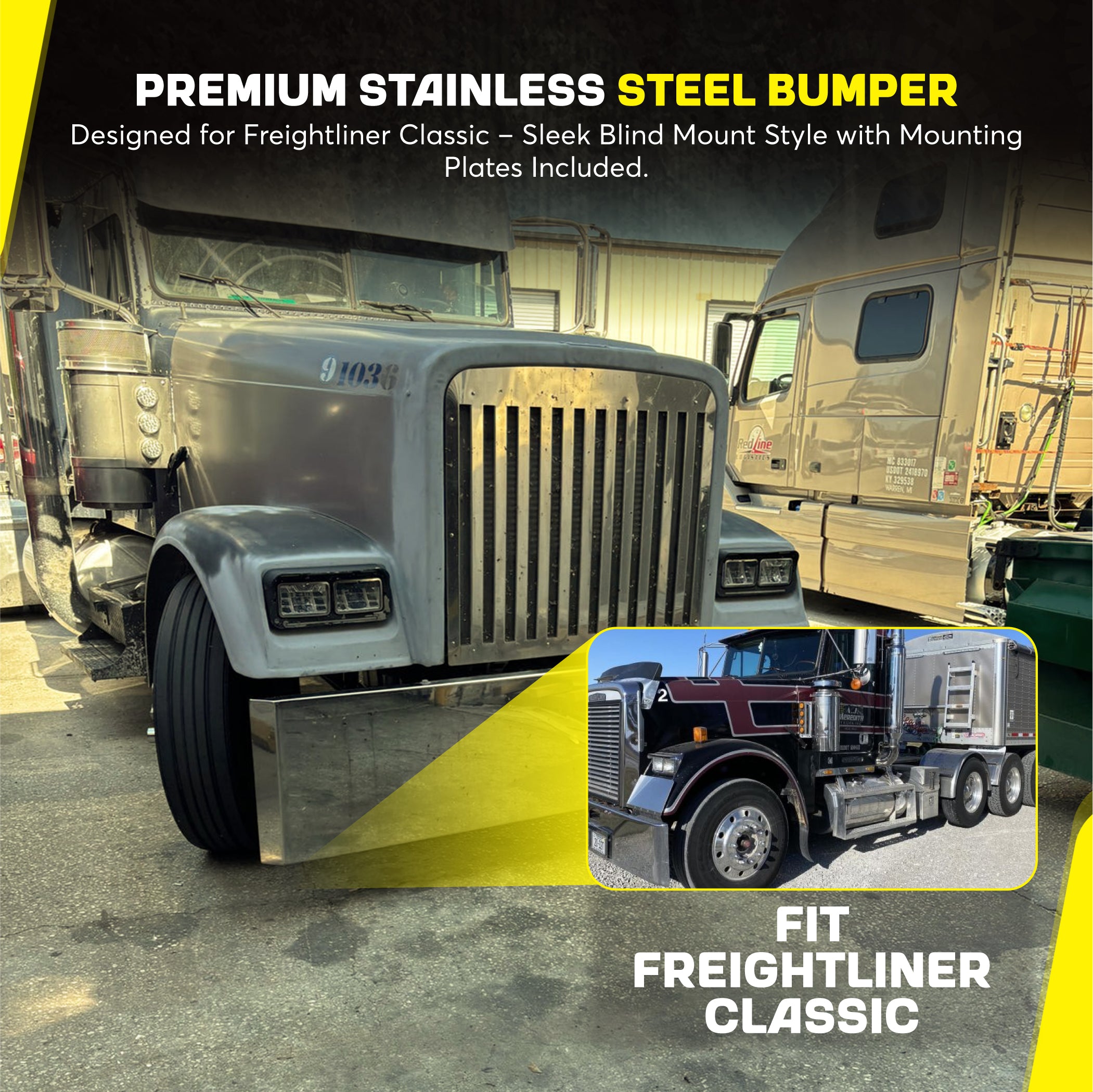 Freightliner Classic Stainless Steel Mitered End Bumper, Blind Mount & Mounting Plates By Floridas Finest Customs Works, Mirror Finish Made In USA
