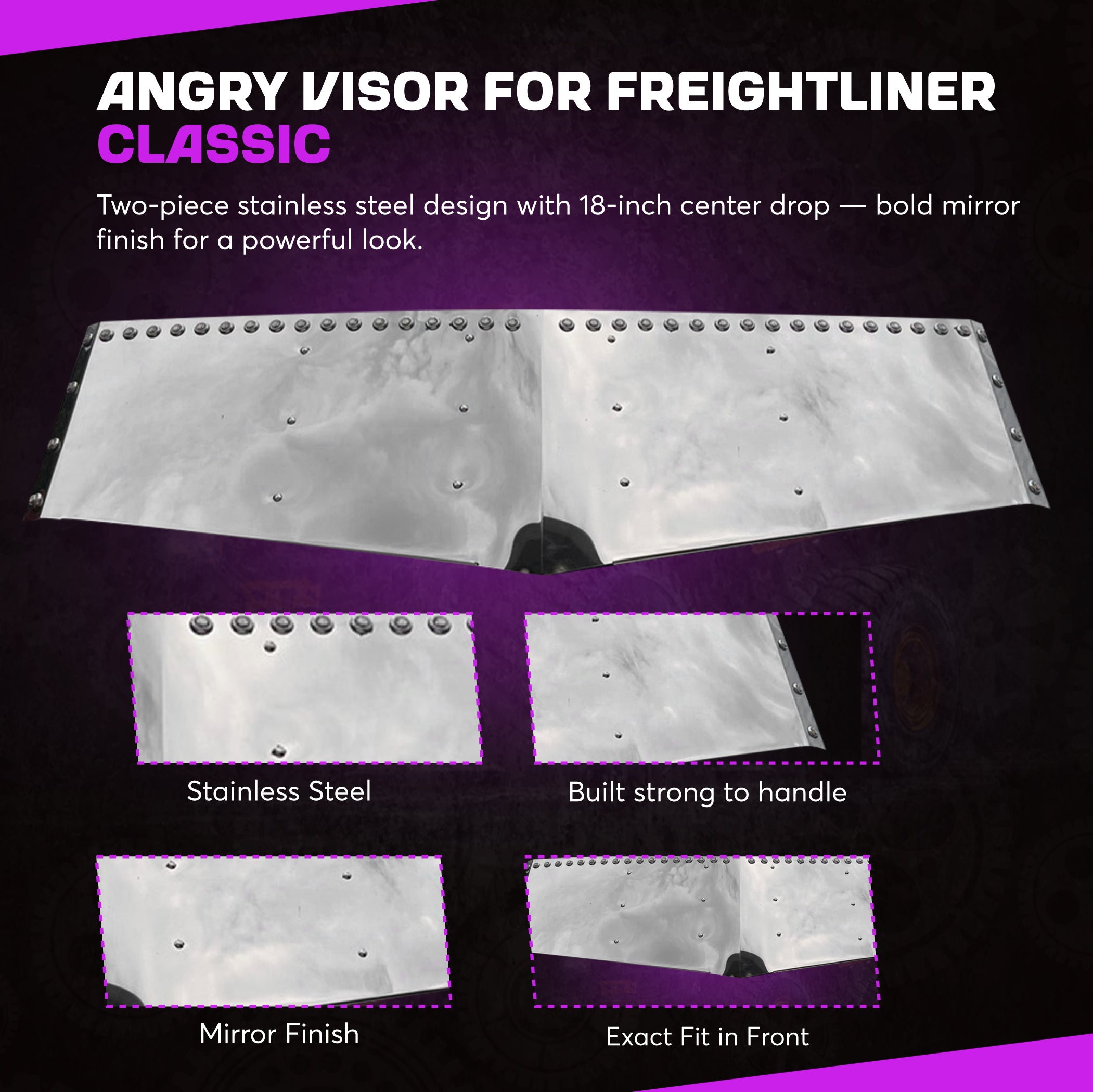 Freightliner Classic Visor 16 inches Angry Stainless Steel