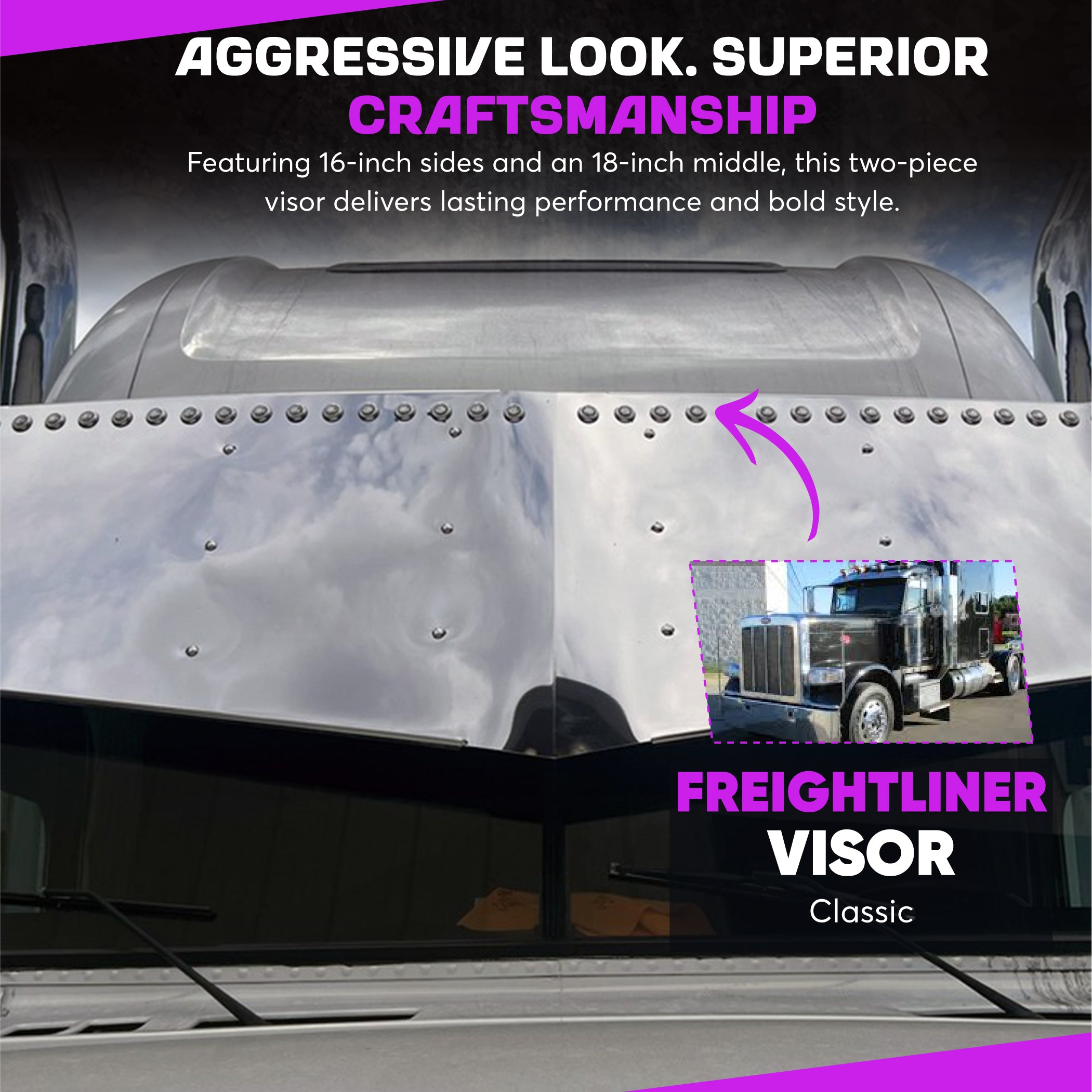 Freightliner Classic Visor 16 inches Angry Stainless Steel