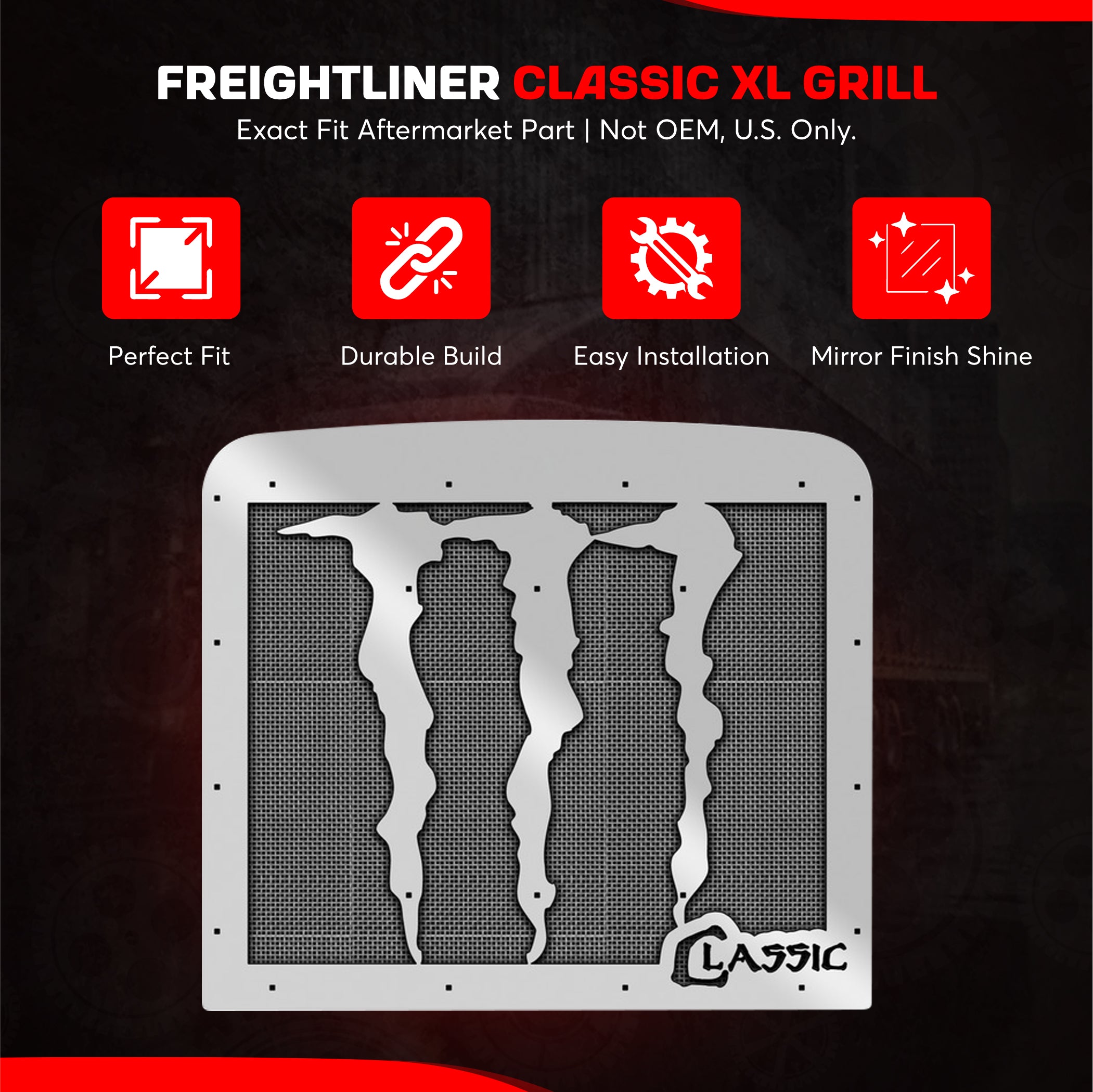 Freightliner Classic, XL Stainless Steel Monster Hood Grill