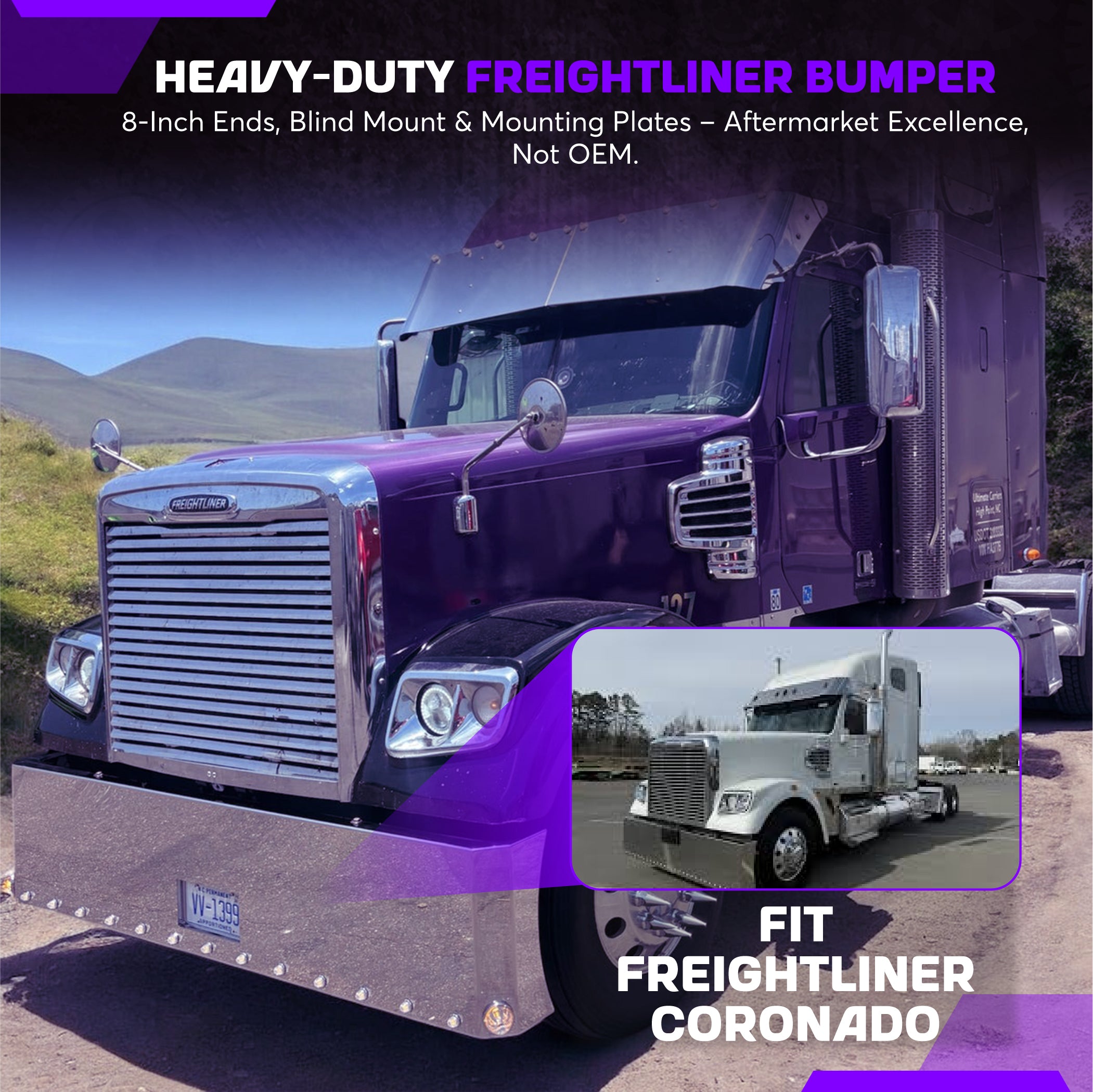 Freightliner Coronado Stainless Steel Buzzard Bumper W/ 8 Inch Ends, Blind Mount & Mounting Plates For Freighliner By Floridas Finest Customs Works, Mirror Finish Made In USA