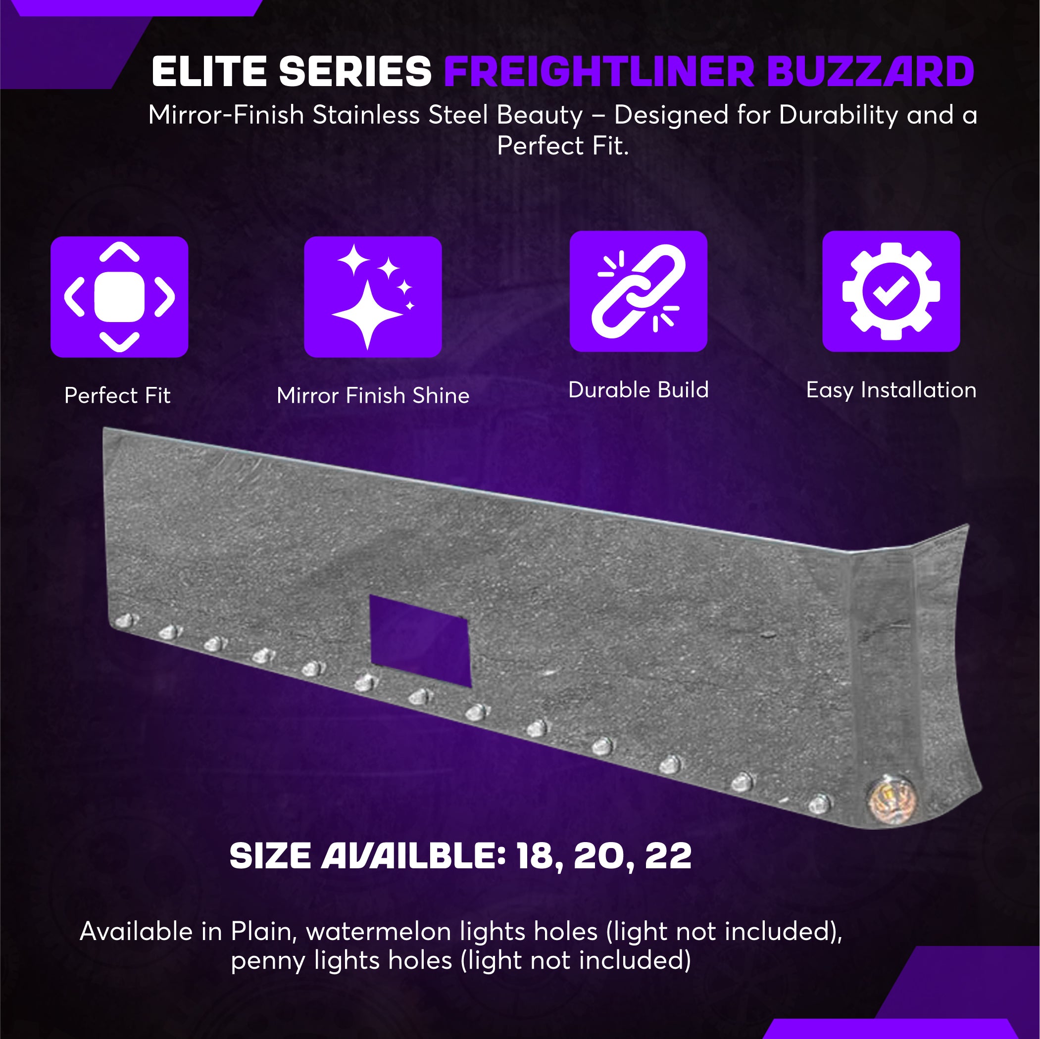 Freightliner Coronado Stainless Steel Buzzard Bumper W/ 8 Inch Ends, Blind Mount & Mounting Plates For Freighliner By Floridas Finest Customs Works, Mirror Finish Made In USA