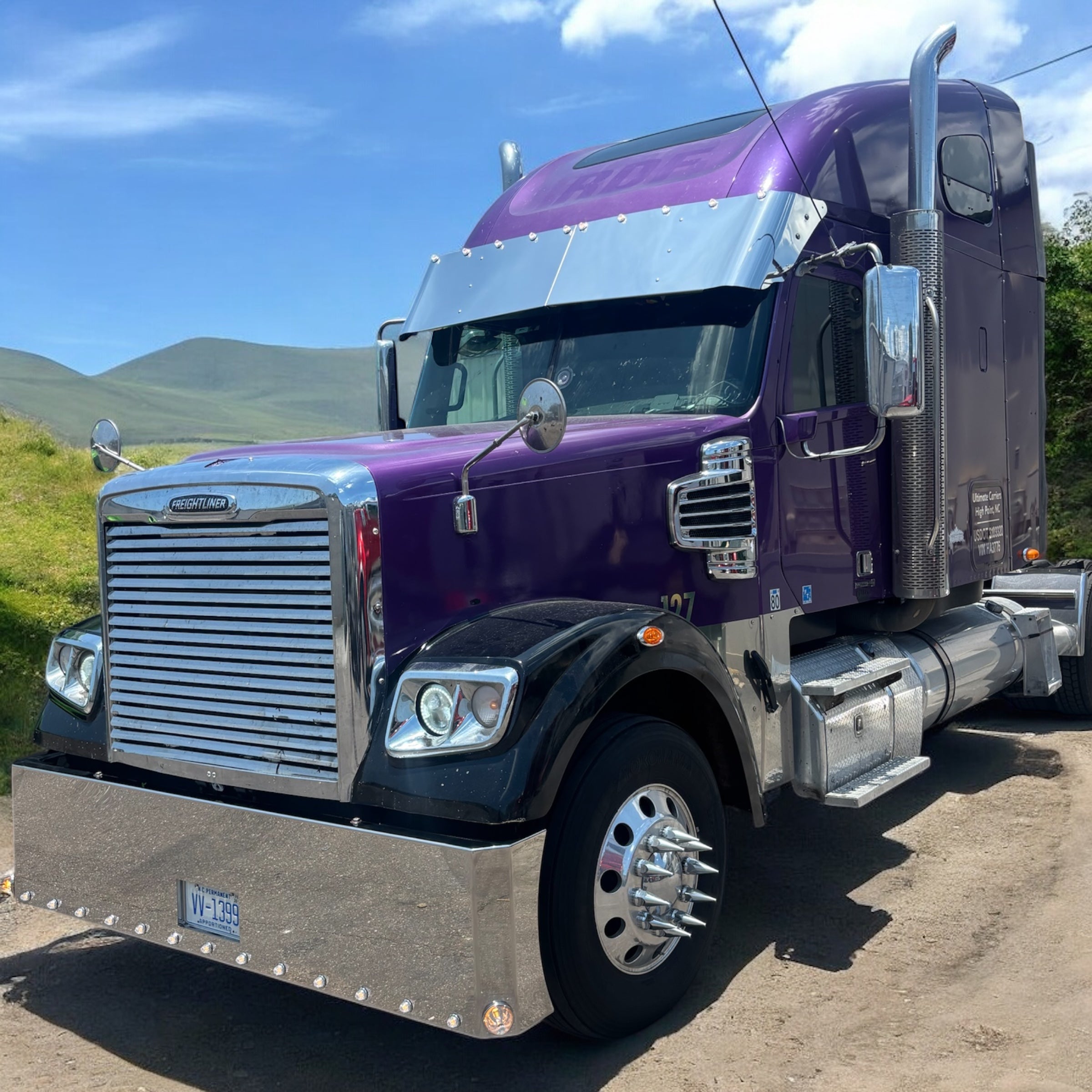 Freightliner Coronado Stainless Steel Buzzard Bumper W/ 8 Inch Ends, Blind Mount & Mounting Plates For Freighliner By Floridas Finest Customs Works, Mirror Finish Made In USA