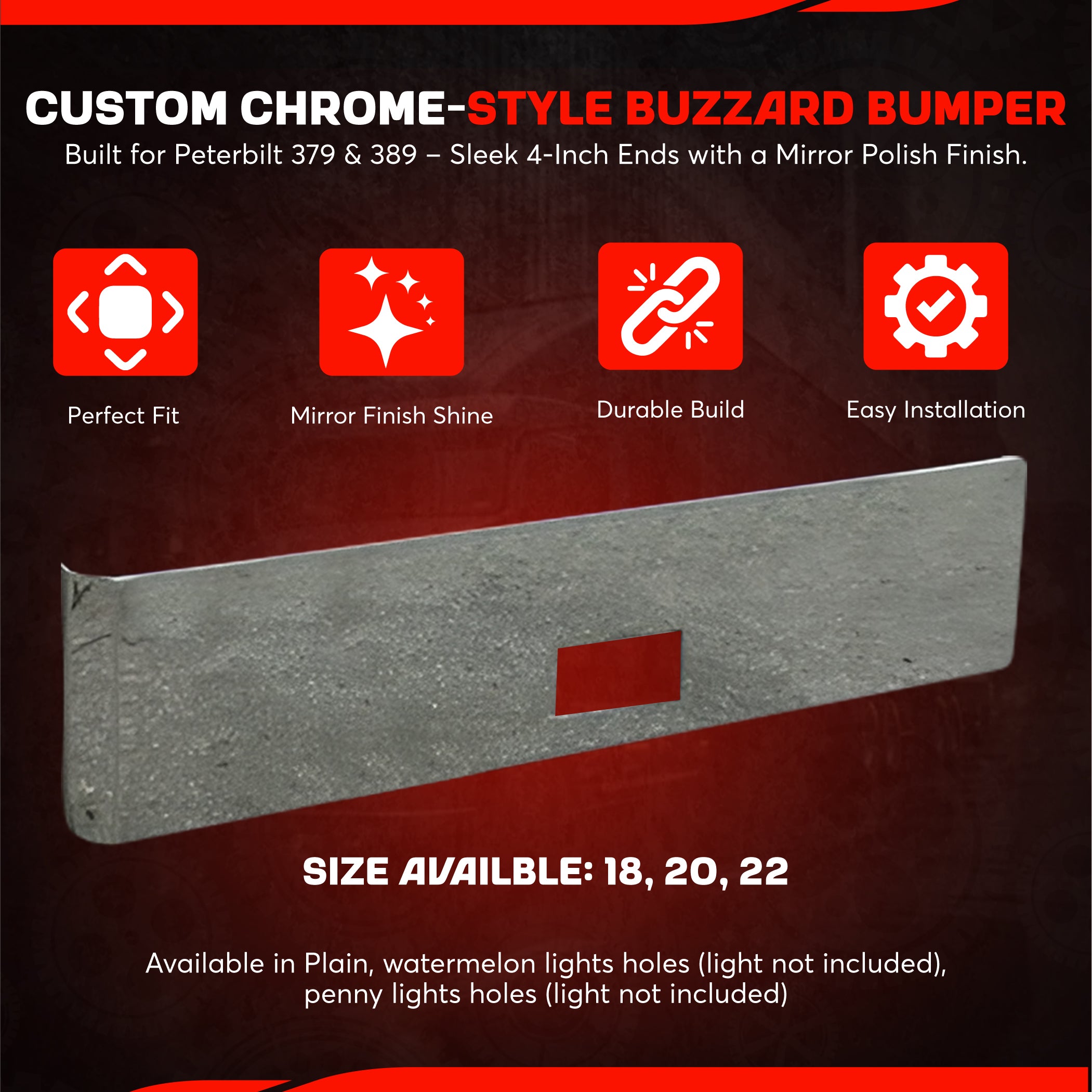 Peterbilt 379 389 Stainless Steel Buzzard Bumper W/ 4 Inch Ends, Blind Mount & Mounting Plates For Peterbilt 379 389 By Floridas Finest Customs Works, Mirror Finish Made In USA