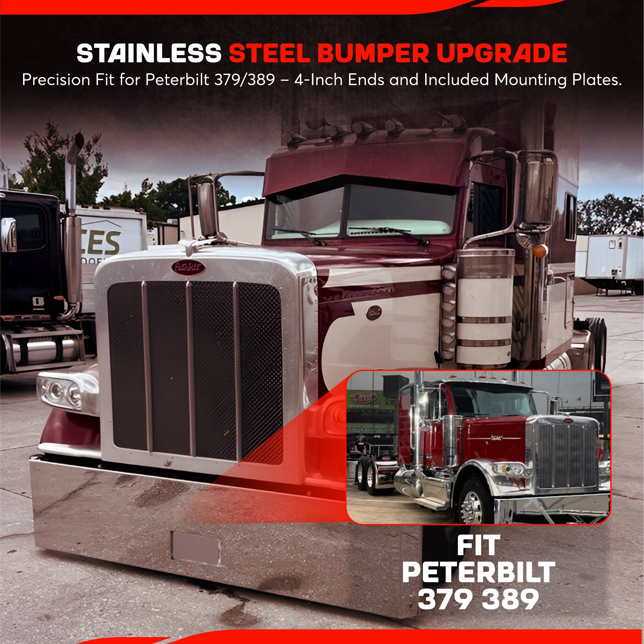 Peterbilt 379 389 Stainless Steel Buzzard Bumper W/ 4 Inch Ends, Blind Mount & Mounting Plates For Peterbilt 379 389 By Floridas Finest Customs Works, Mirror Finish Made In USA