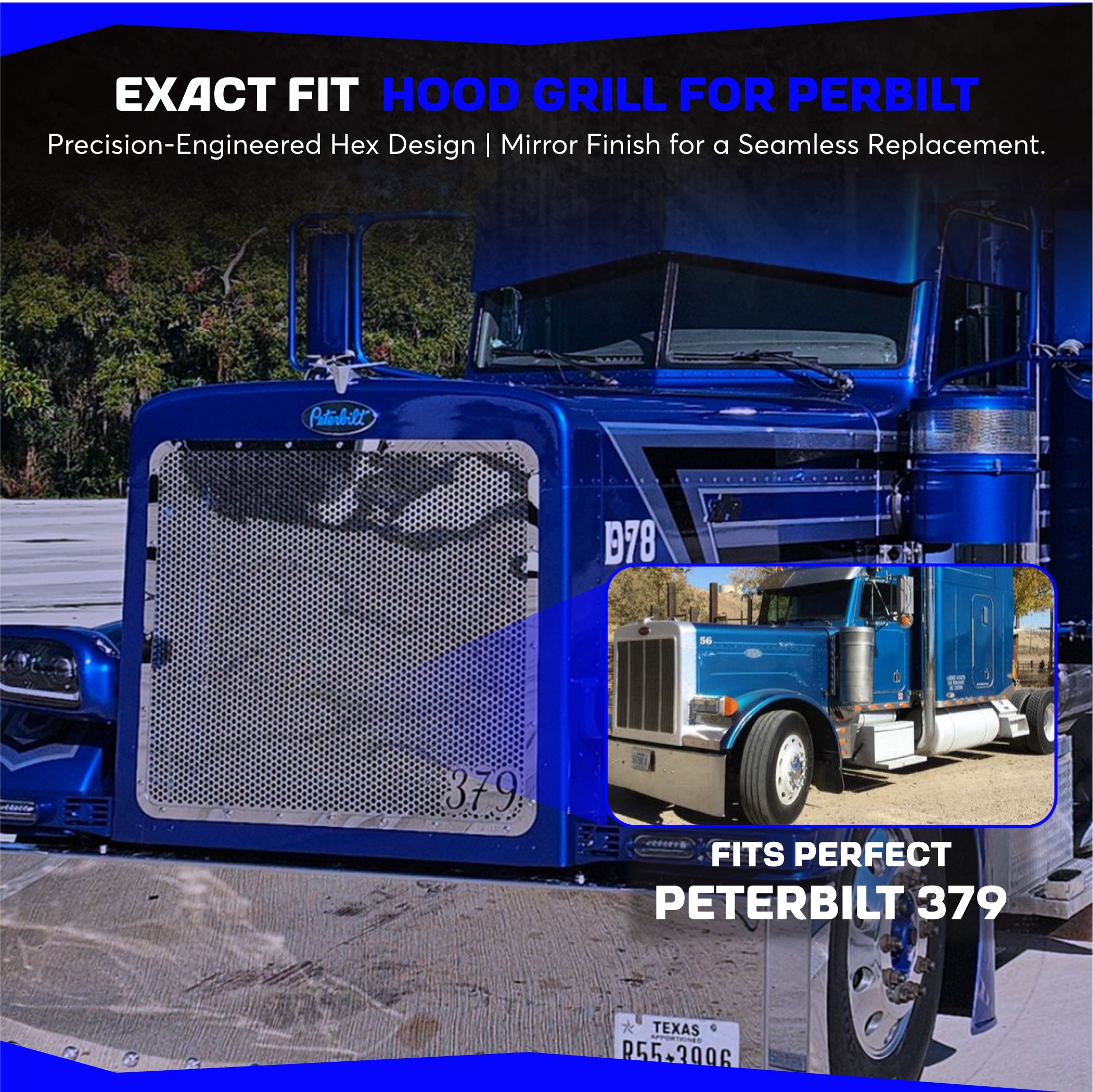 Peterbilt 379 Stainless Steel Hex Hood Grill