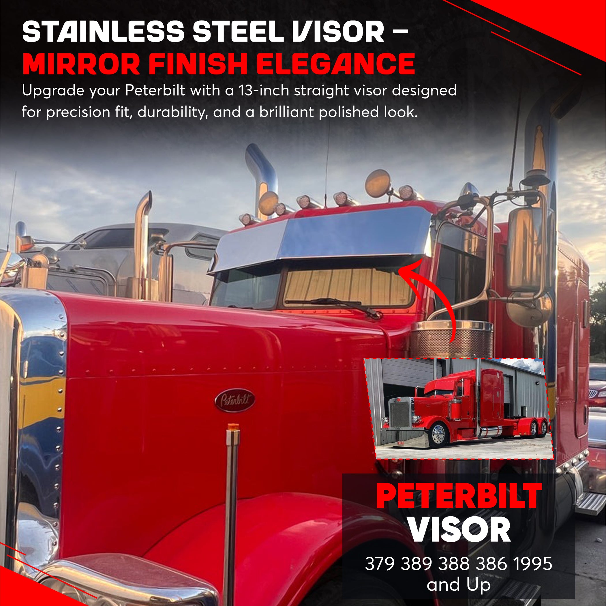 Peterbilt Visor 13 inch Straight for 379 389 388 386 1995 and Up