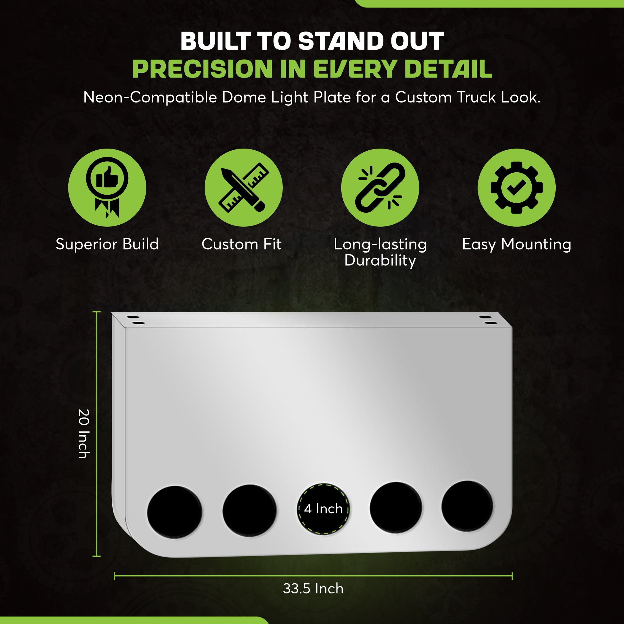 Rear Center Panel 20 Inch RC Style Stainless Steel  W/ 5 - 4 Inch On Front And  W/ 2 - 4 Inch Light Holes Cutouts On The Back | Universal Fit | Lighs Not Included