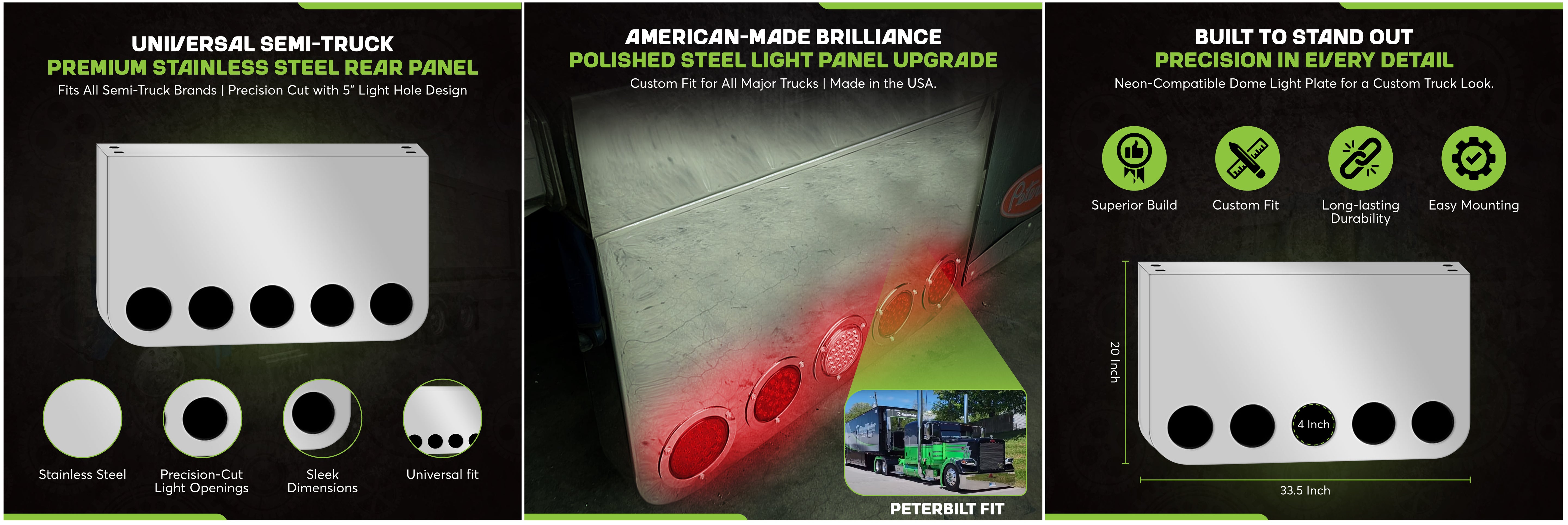 Rear Center Panel 20 Inch RC Style Stainless Steel  W/ 5 - 4 Inch On Front And  W/ 2 - 4 Inch Light Holes Cutouts On The Back | Universal Fit | Lighs Not Included