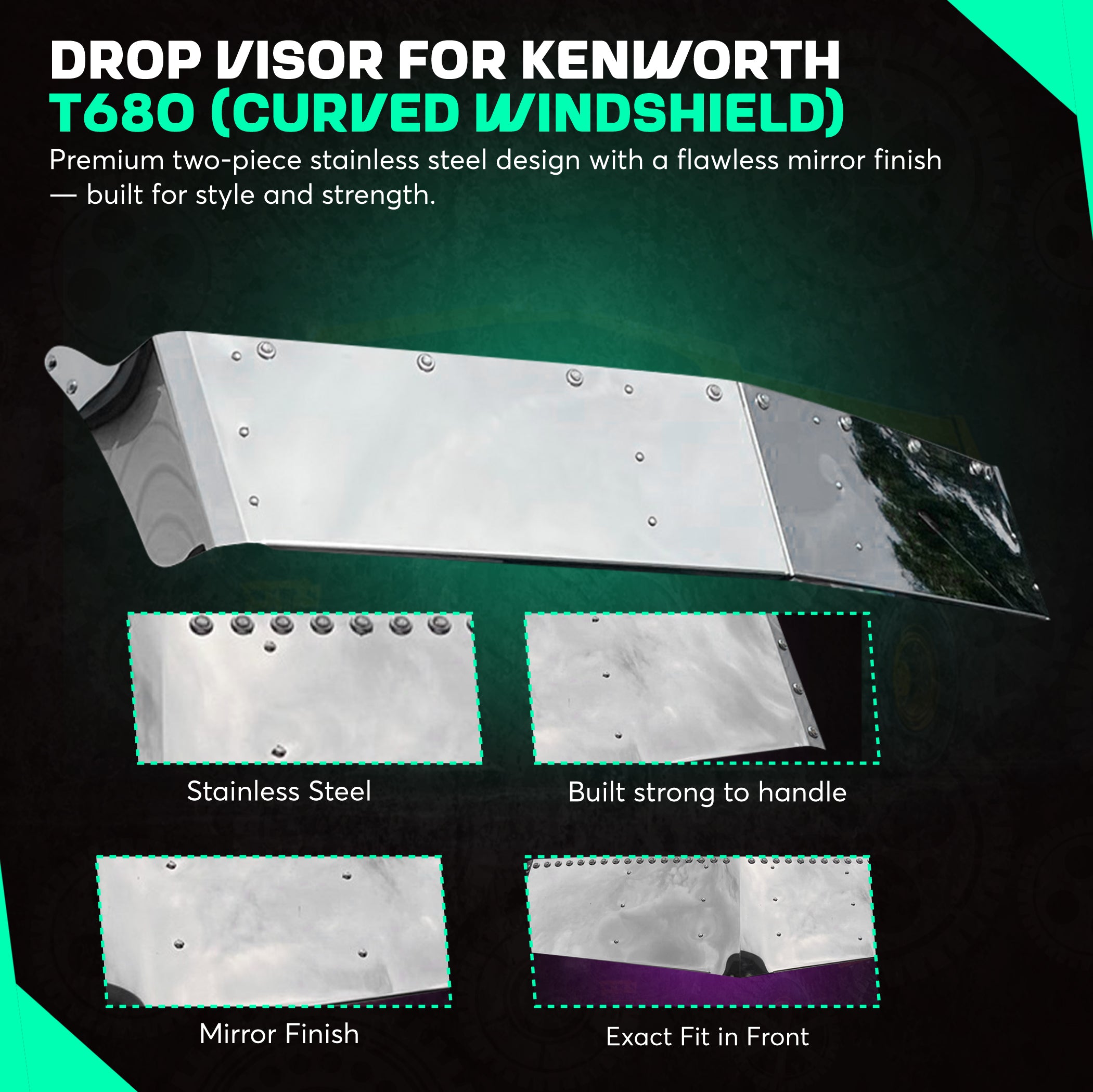 Visor 13 Inch Drop compatible with Kenworth T680 Curved Windshield