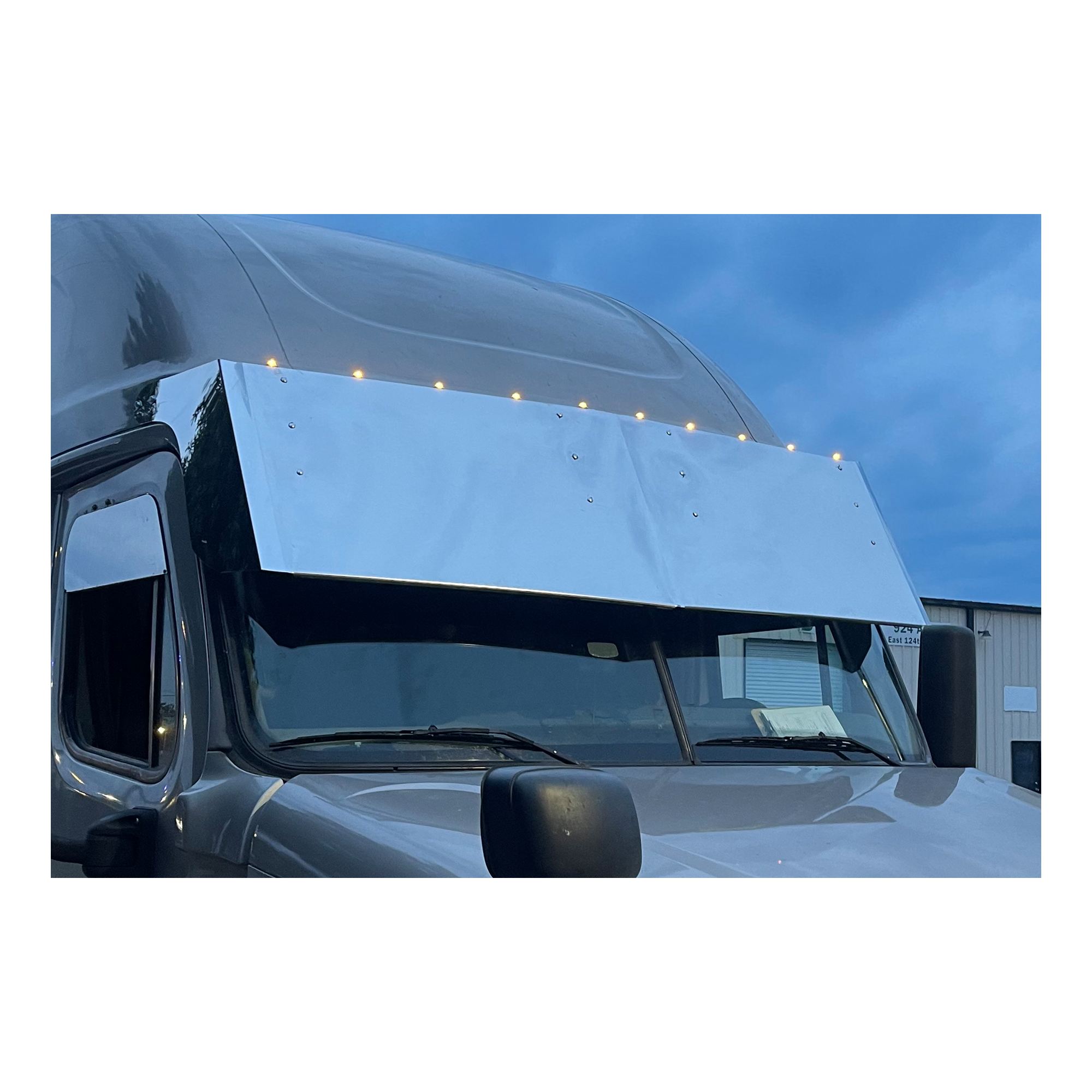 Freightliner Cascadia Visor Stainless Steel 18 20 and 22 Inches 22 Without Penny LED Lights No Holes