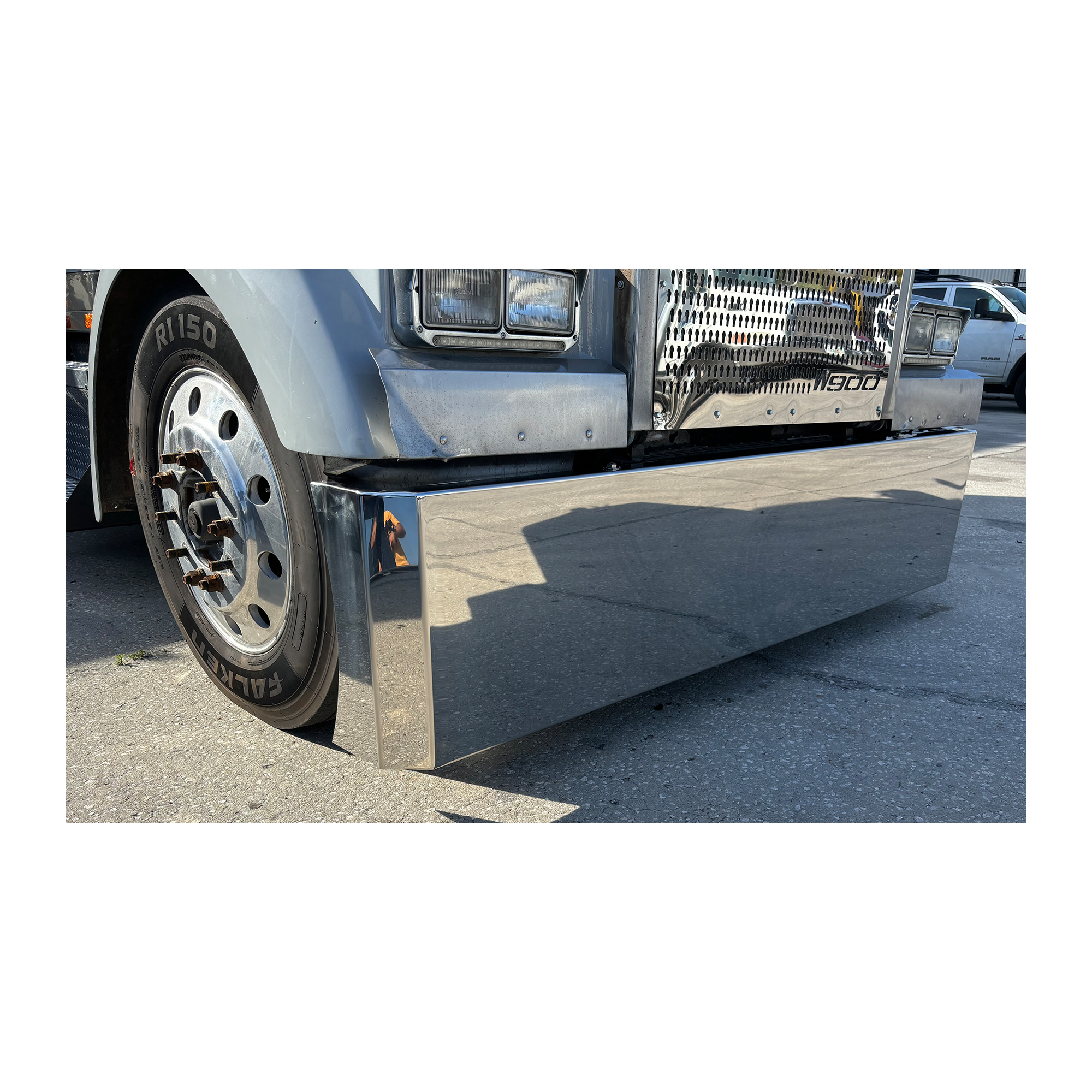 Stainless Steel Buzzard Bumper W/ 8 Inch Ends, Blind Mount & Mounting Plates For Kenworth By Floridas Finest Customs Works, Mirror Finish Made In USA Compatible with Kenworth W900