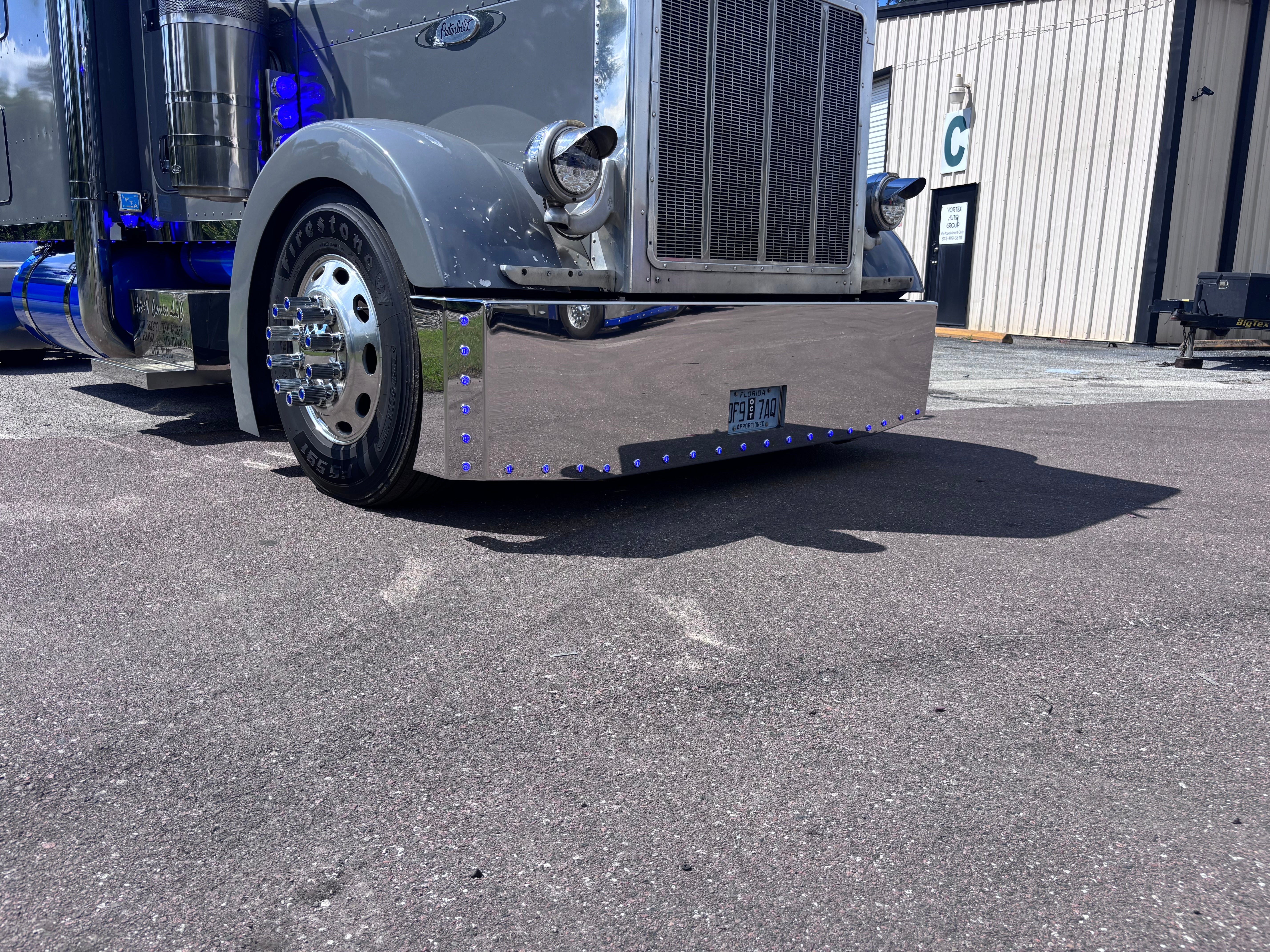 Peterbilt 379 389 Stainless Steel Buzzard Bumper W/ 8 Inch Ends, Blind Mount & Mounting Plates For Peterbilt 379 389  18-16   20-18  22-20  By Floridas Finest Customs Works, Mirror Finish Made In USA