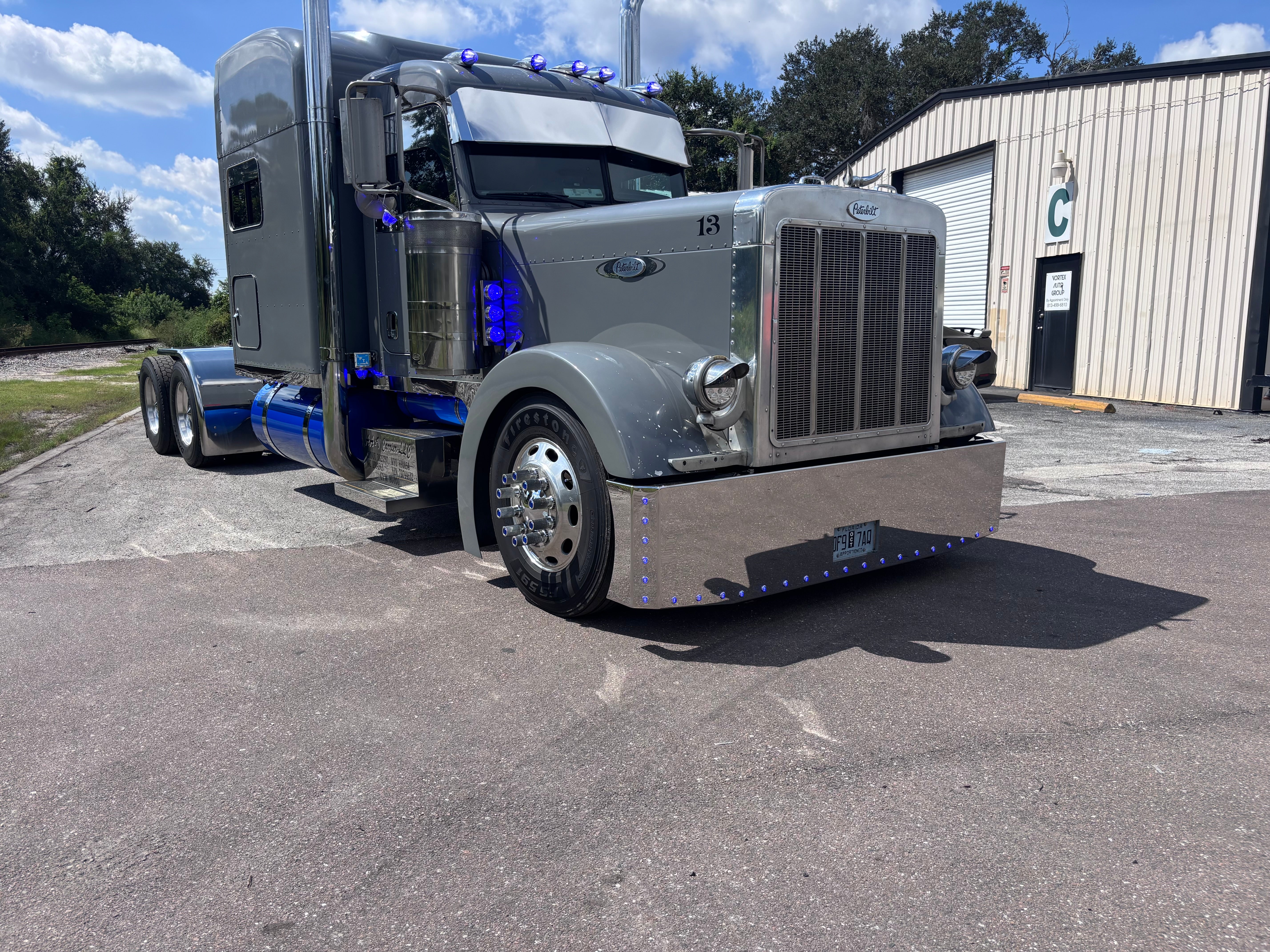 Peterbilt 379 389 Stainless Steel Buzzard Bumper W/ 8 Inch Ends, Blind Mount & Mounting Plates For Peterbilt 379 389  18-16   20-18  22-20  By Floridas Finest Customs Works, Mirror Finish Made In USA