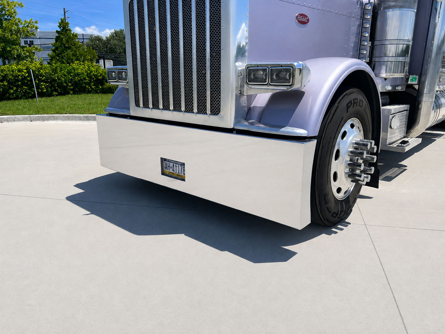 Peterbilt 379 389 589 Stainless Steel square box end Bumper W/ 4 Inch Ends, Blind Mount & Mounting Plates For Peterbilt 379 389 By Floridas Finest Customs Works, Mirror Finish Made In USA