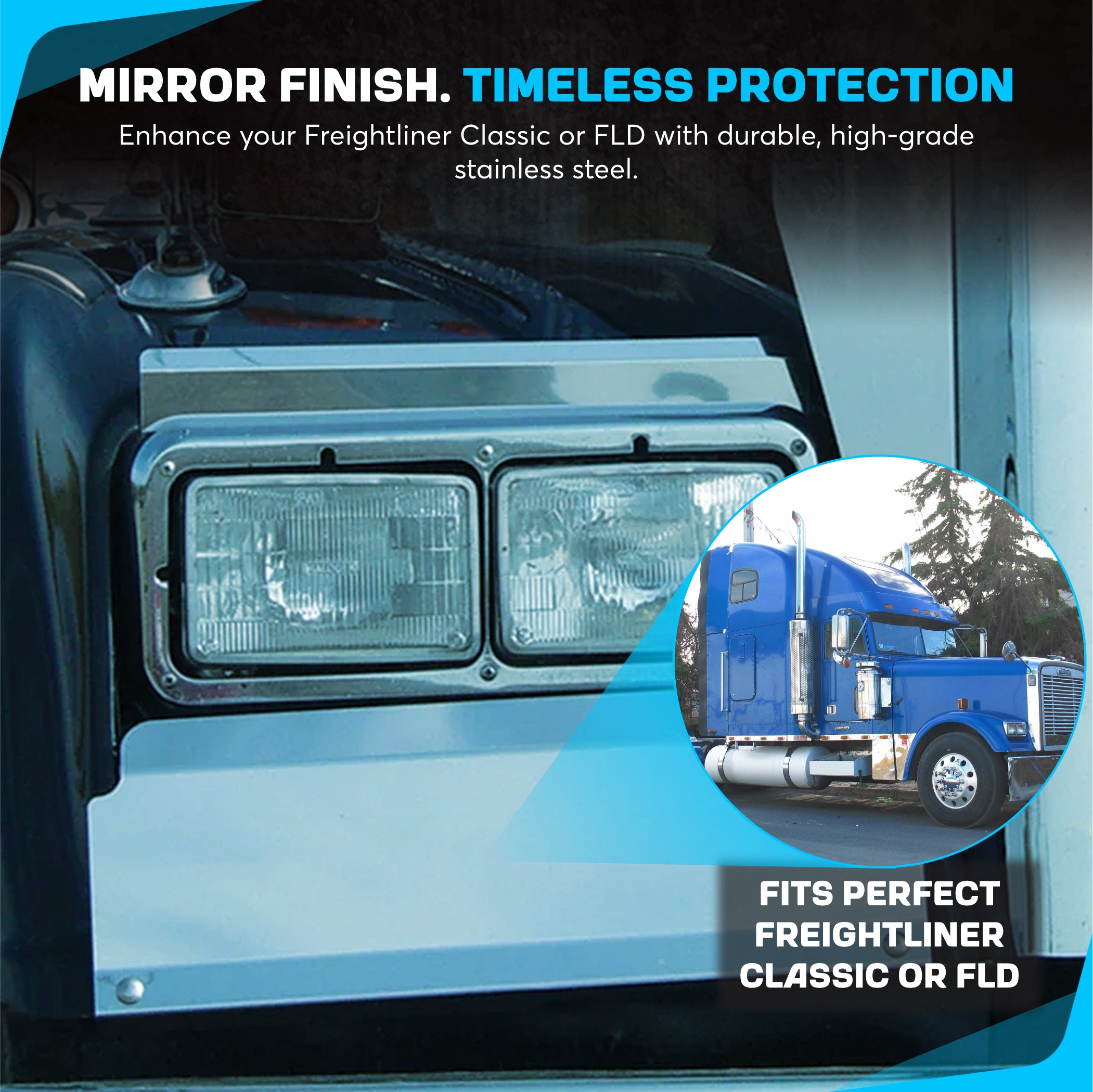 Freightliner Classic, FLD Fender Guards Stainless Steel Set Plain Style