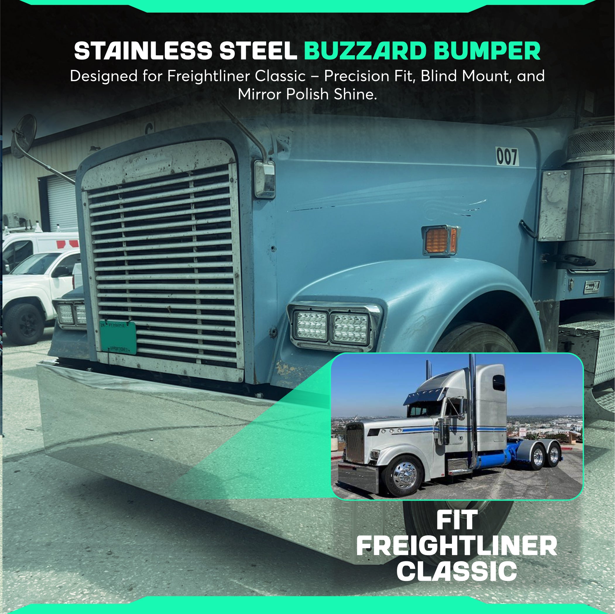 Freightliner Classic Stainless Steel Buzzard Bumper W/ 8 Inch Ends, Blind Mount & Mounting Plates For Freighliner By Floridas Finest Customs Works, Mirror Finish Made In USA