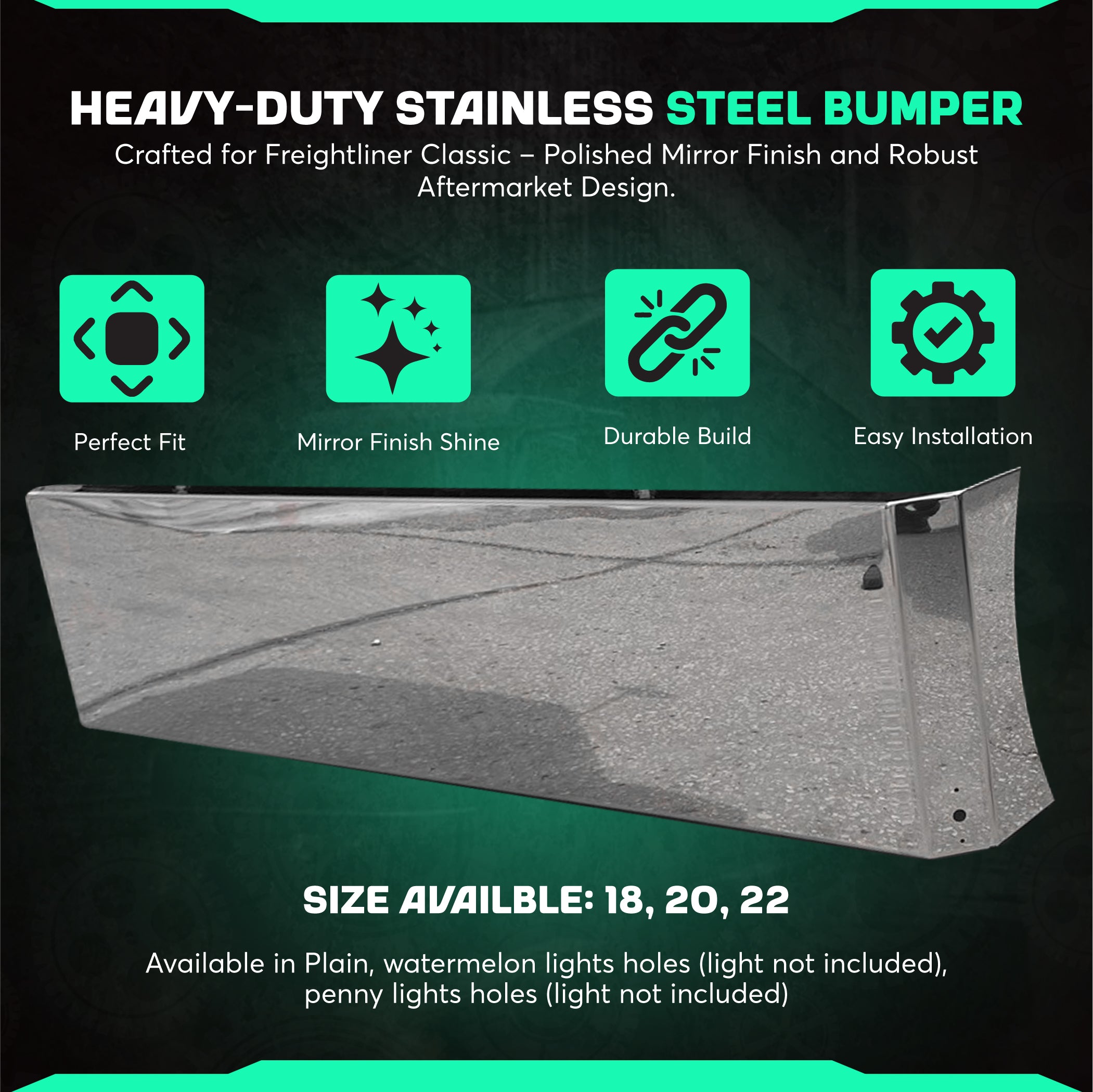 Freightliner Classic Stainless Steel Buzzard Bumper W/ 8 Inch Ends, Blind Mount & Mounting Plates For Freighliner By Floridas Finest Customs Works, Mirror Finish Made In USA