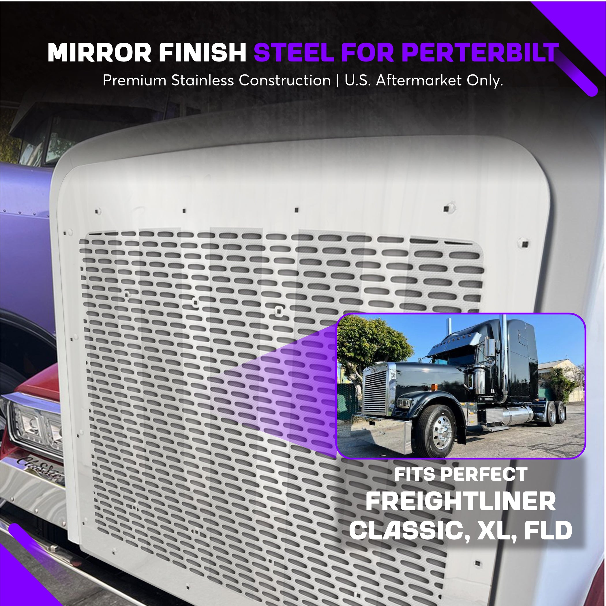 Freightliner Classic, XL, FLD Stainless Steel Logo Holes Hood Grill
