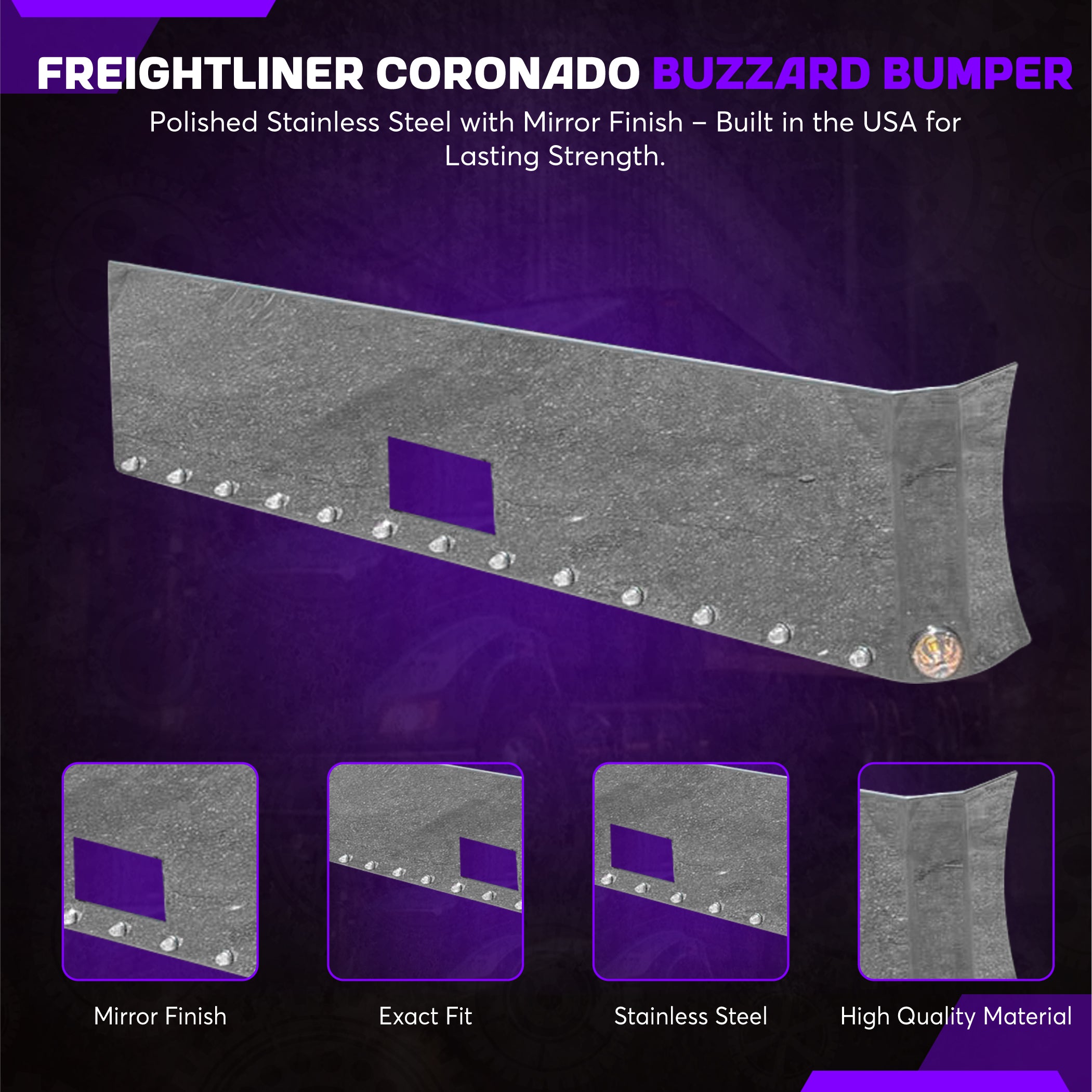 Freightliner Coronado Stainless Steel Buzzard Bumper W/ 8 Inch Ends, Blind Mount & Mounting Plates For Freighliner By Floridas Finest Customs Works, Mirror Finish Made In USA