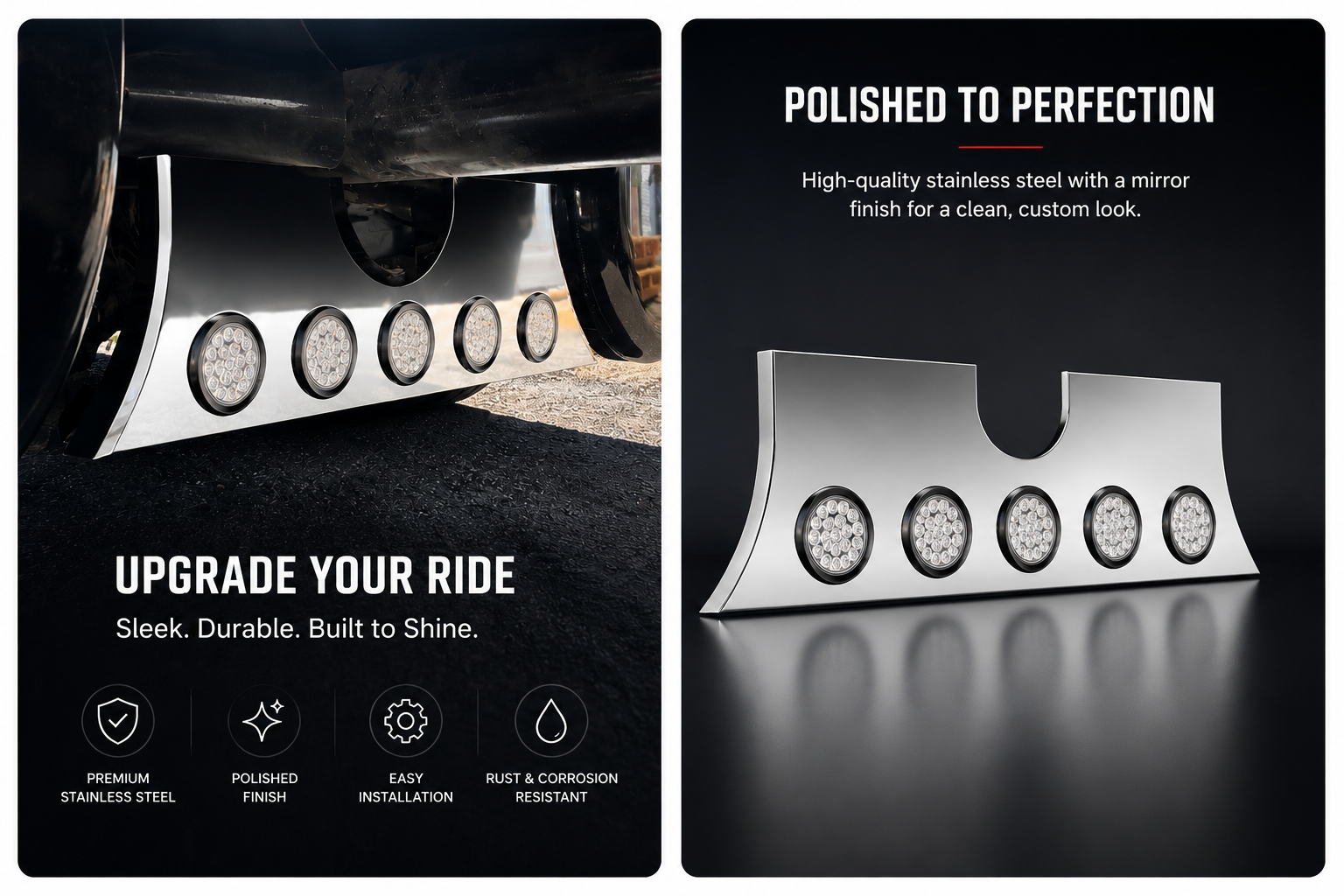 Fuel Tank Filler Panel ss style  W/ 5 - 4 Inch On Front And  W/ 2 - 4 Inch Light Holes Cutouts On The Back For Fits Peterbilts With 26 Inch Diameter Tanks  386 389 379