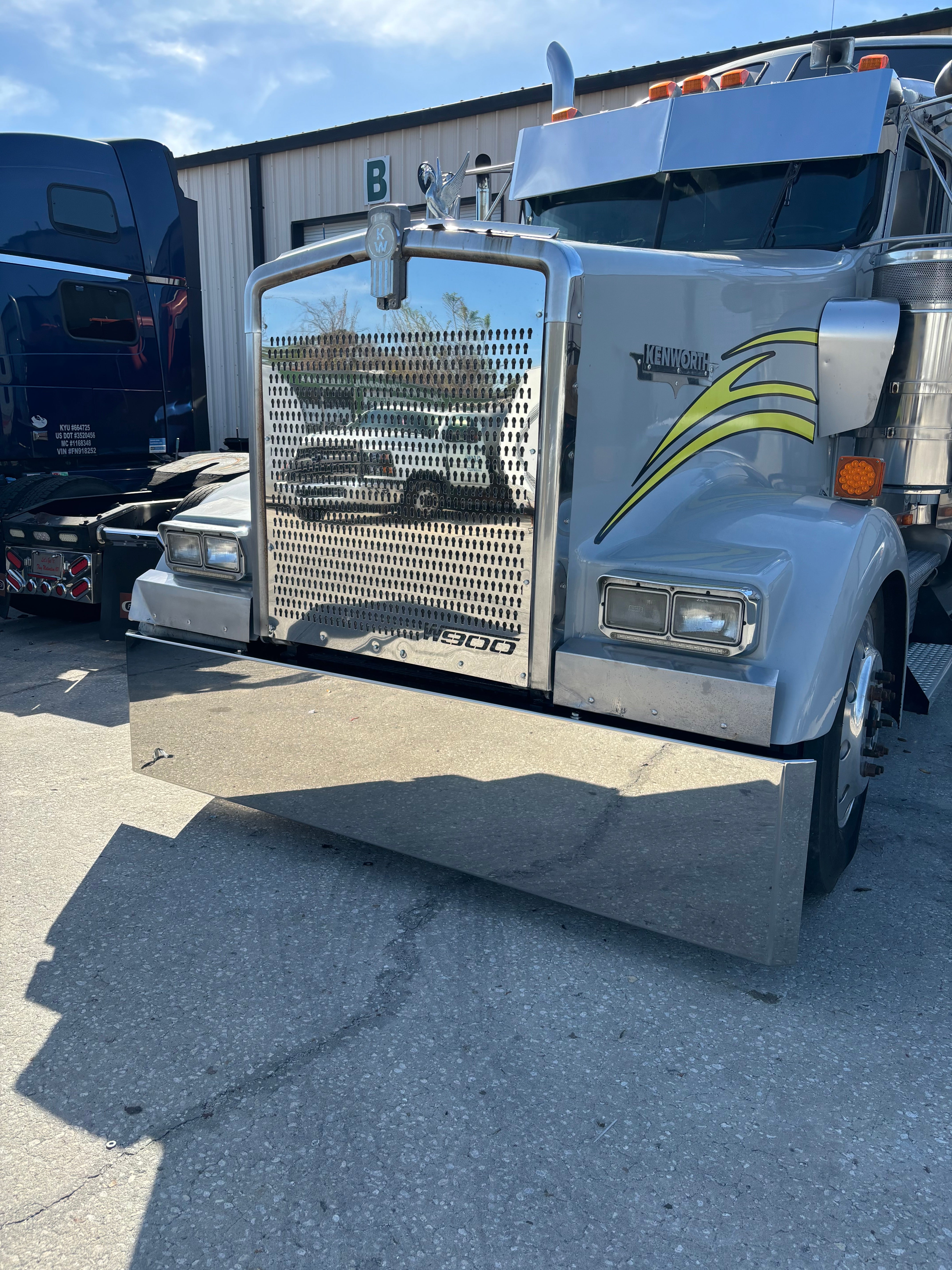 Kenworth W900 Stainless Steel Mitered End Bumper, Blind Mount & Mounting Plates For Kenworth By Floridas Finest Customs Works, Mirror Finish Made In USA