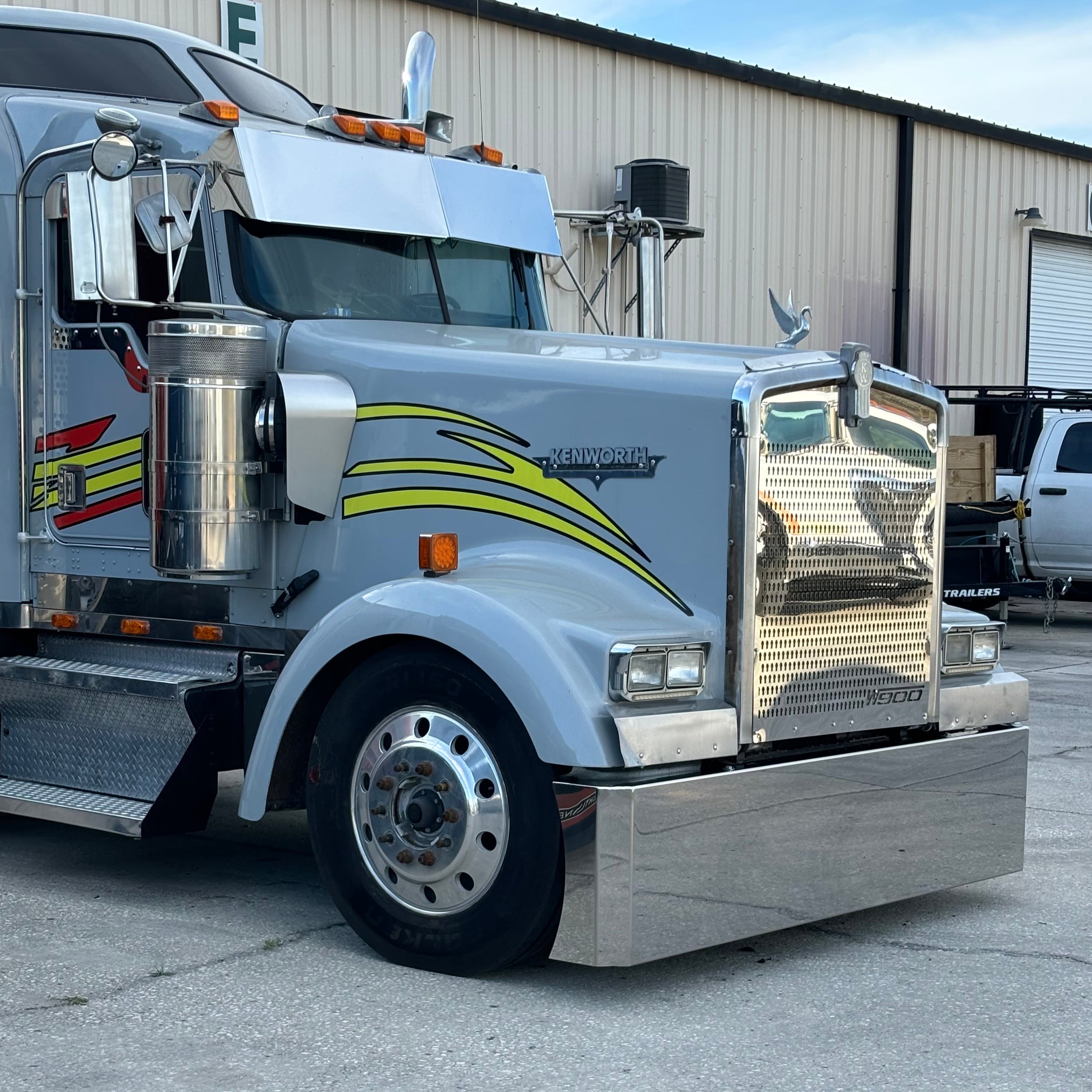 Kenworth W900 Stainless Steel Buzzard Bumper W/ 8 Inch Ends, Blind Mount & Mounting Plates For Kenworth By Floridas Finest Customs Works, Mirror Finish Made In USA