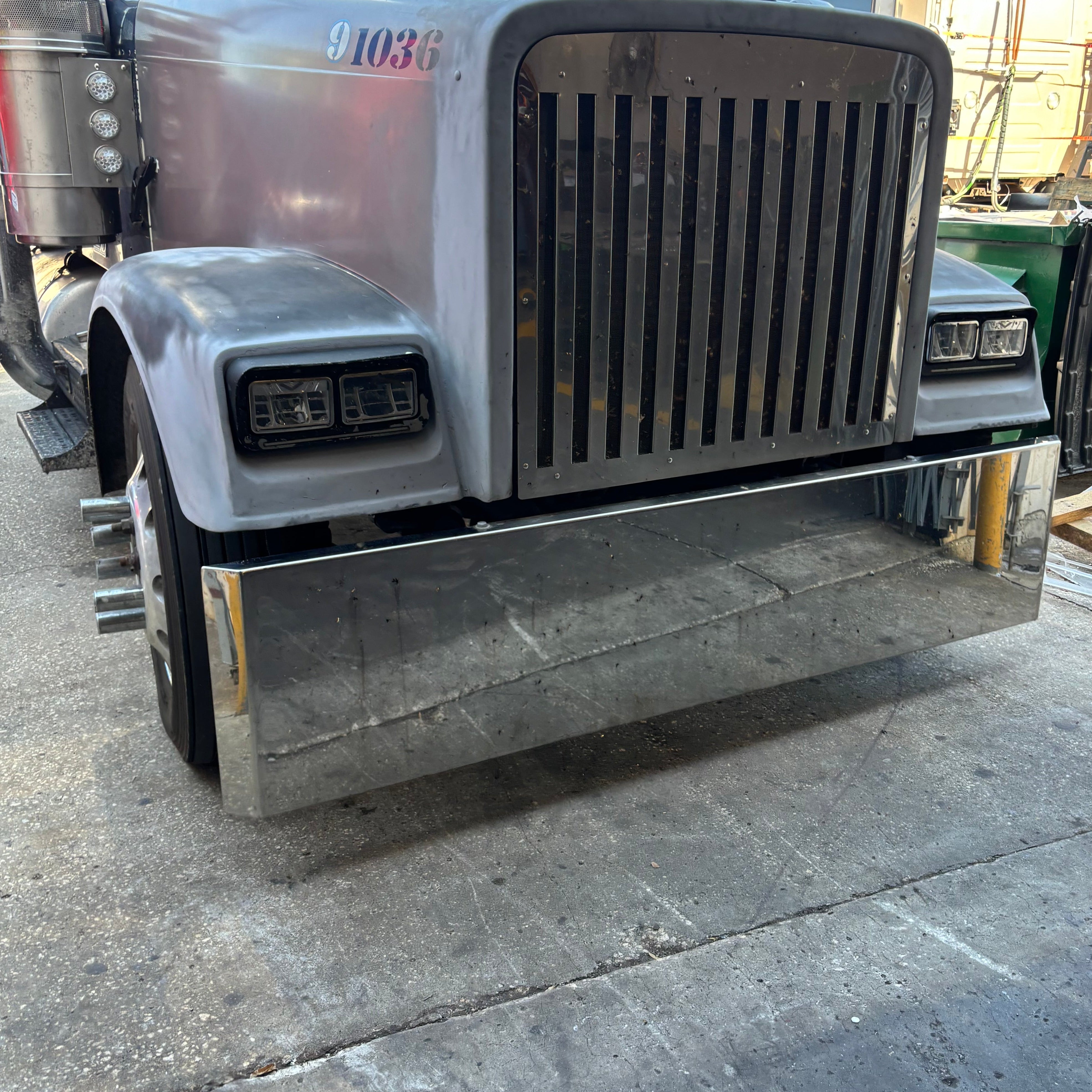 Freightliner Classic Stainless Steel Mitered End Bumper, Blind Mount & Mounting Plates By Floridas Finest Customs Works, Mirror Finish Made In USA