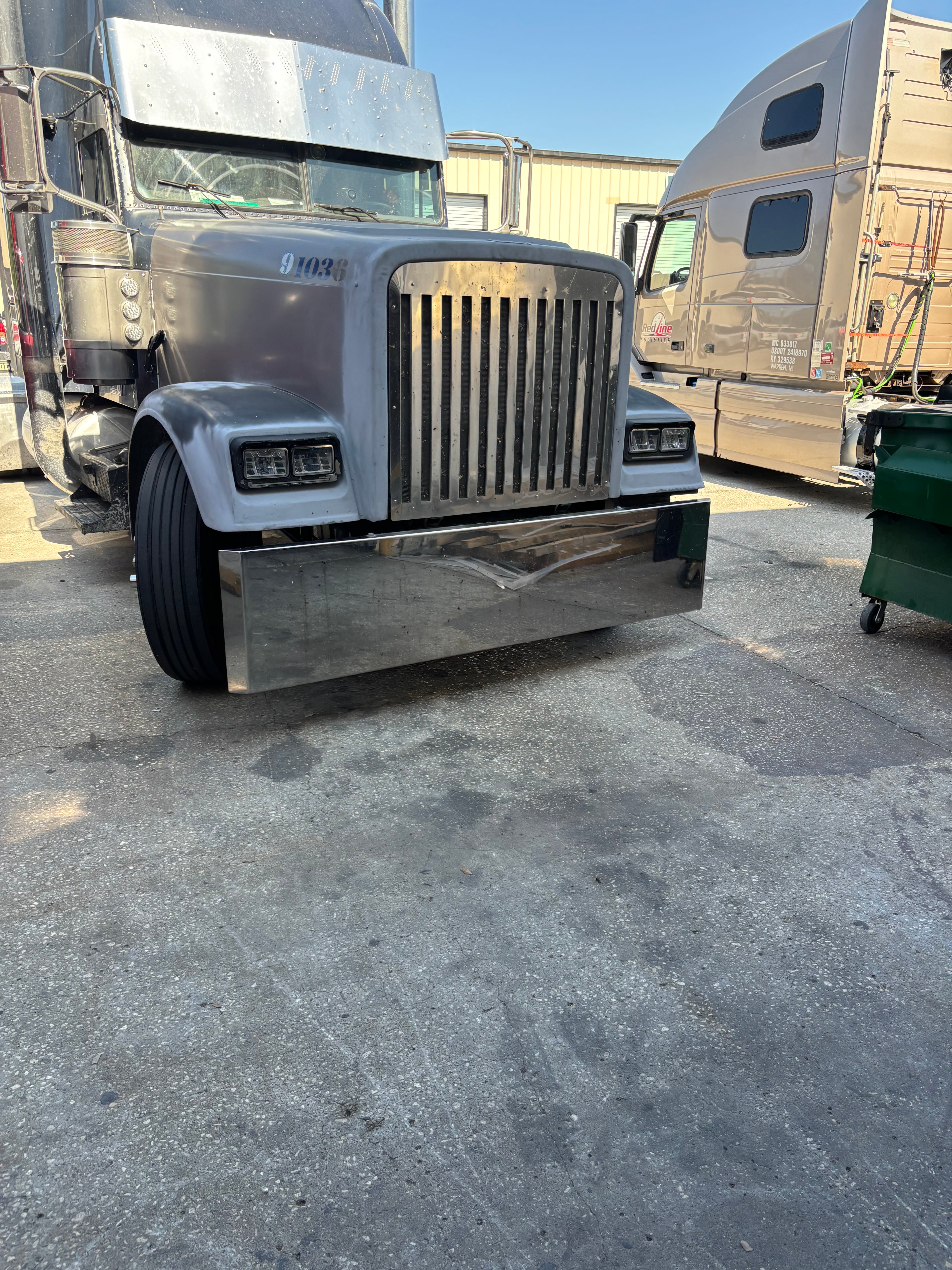 Freightliner Classic Stainless Steel Mitered End Bumper, Blind Mount & Mounting Plates By Floridas Finest Customs Works, Mirror Finish Made In USA