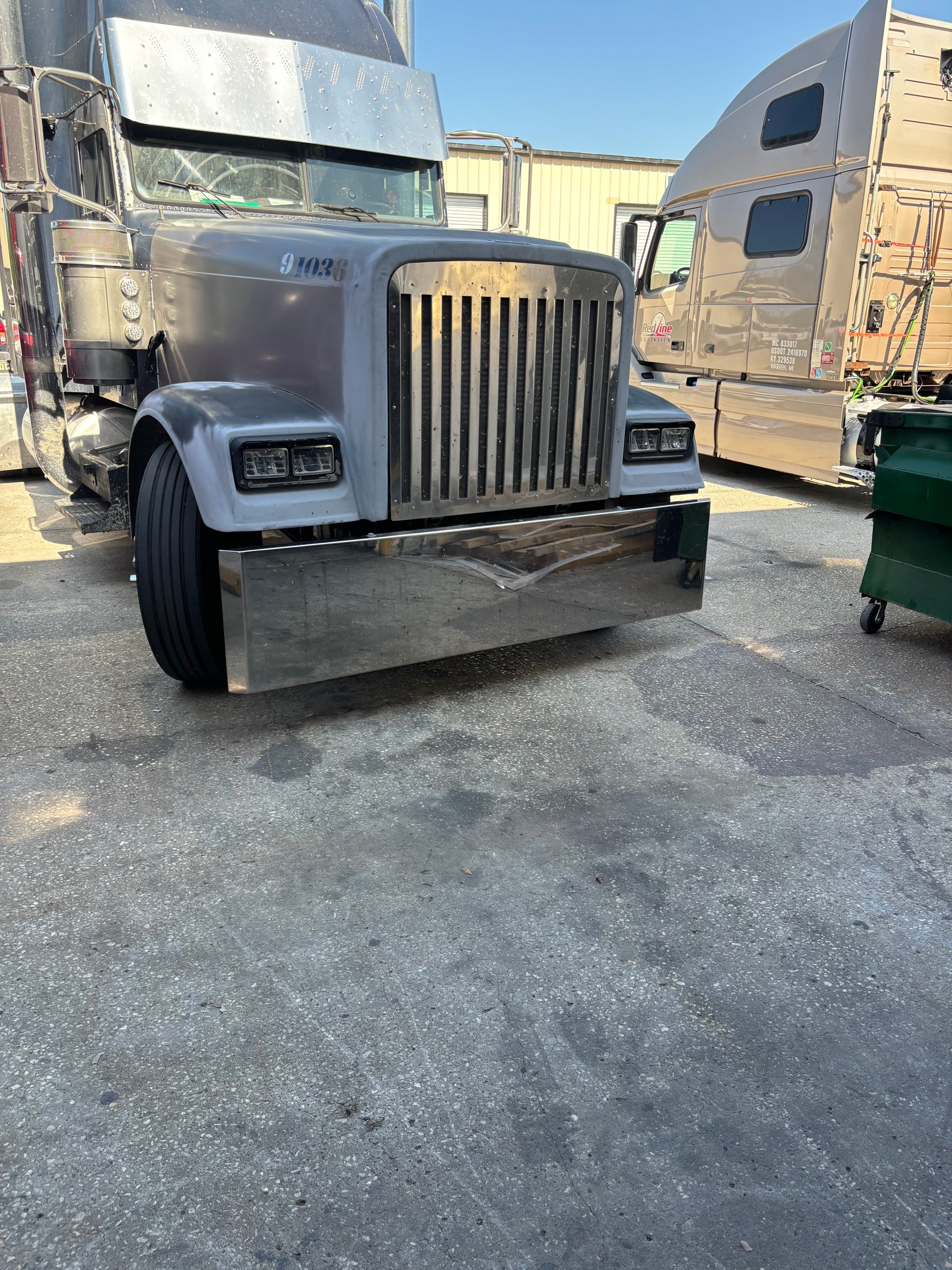 Freightliner Classic Steynless Steel Mitered End Bumper, Blind Mount & Mounting Plates By Floridas Finest Customs Works, Mirror Finish Made In USA