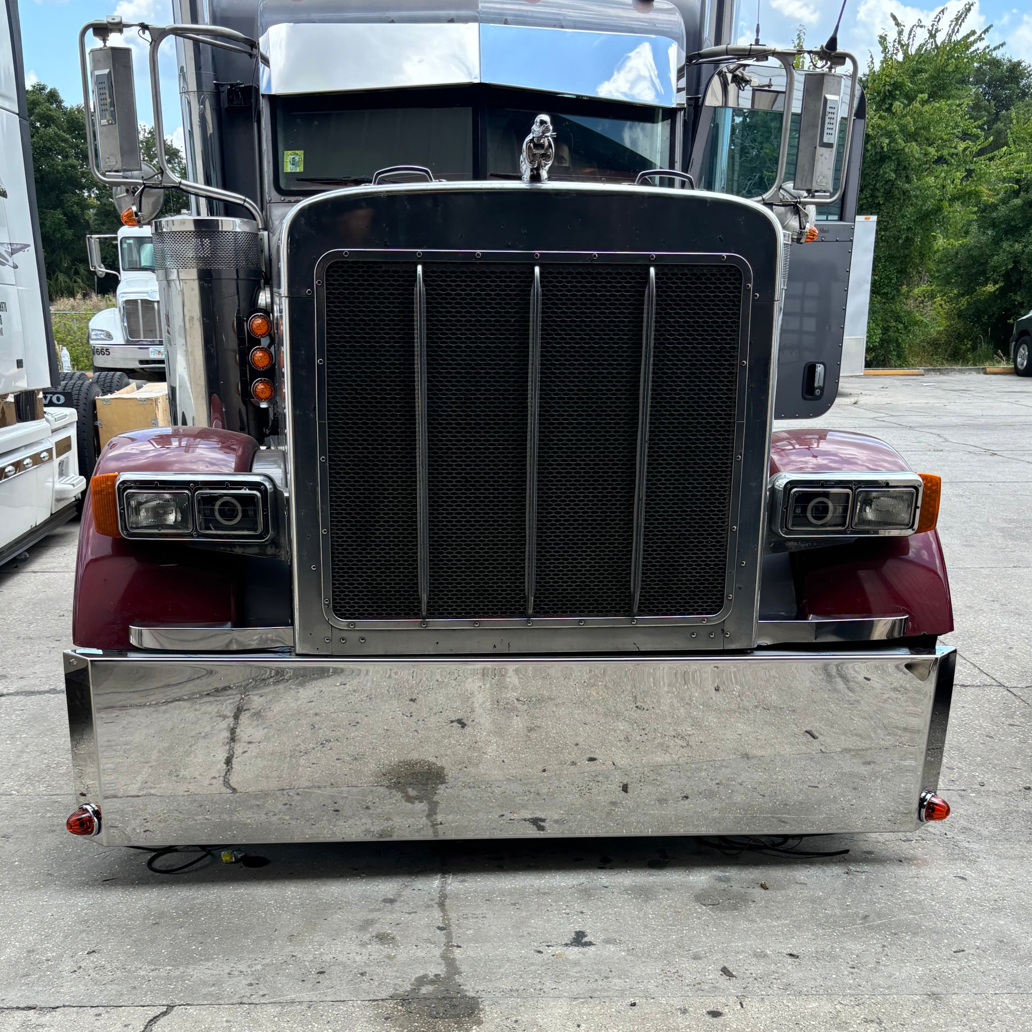 Peterbilt 379 389 Stainless Steel Mitered End Bumper, Blind Mount & Mounting Plates For Peterbily By Floridas Finest Customs Works, Mirror Finish Made In USA