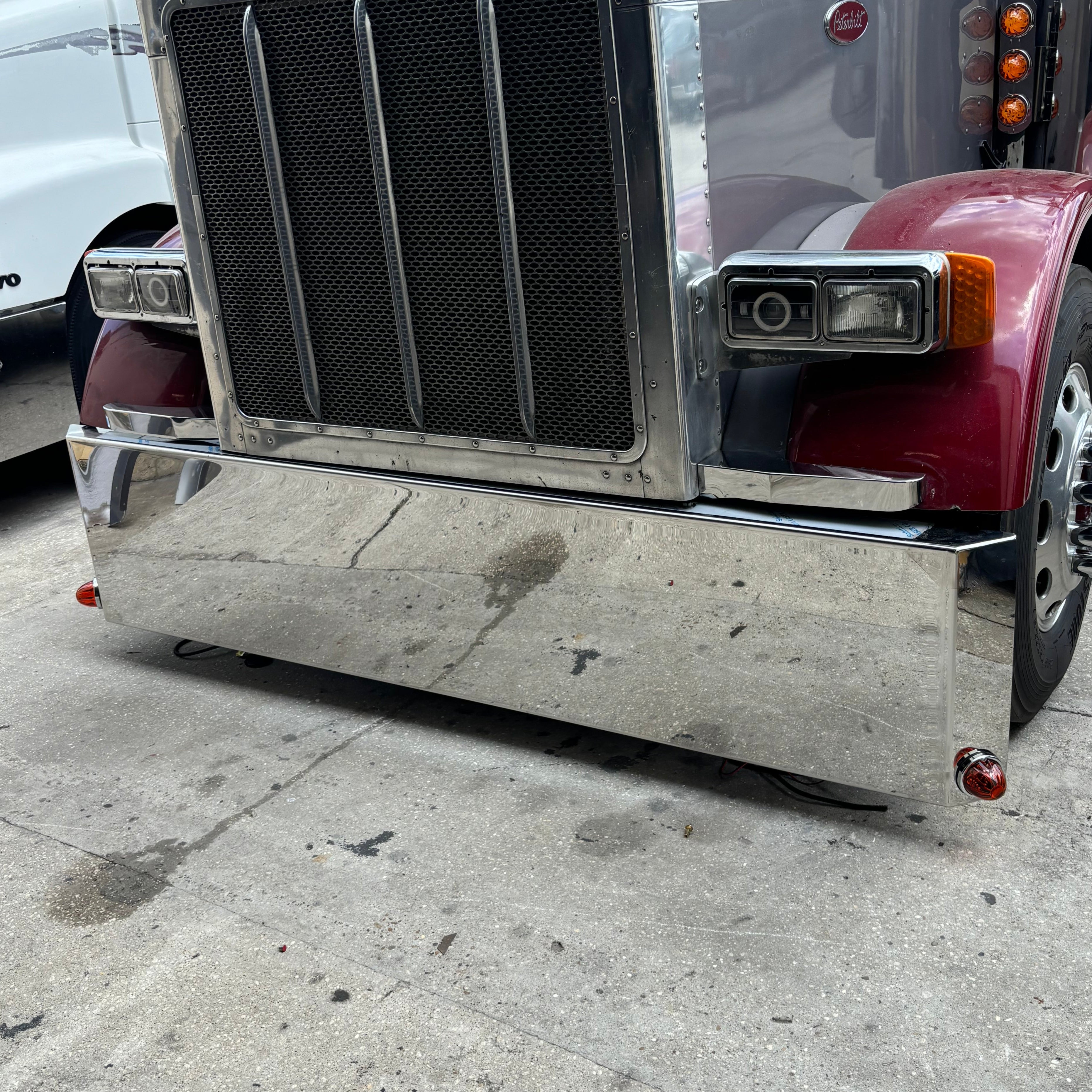 Peterbilt 379 389 Stainless Steel Mitered End Bumper, Blind Mount & Mounting Plates For Peterbily By Floridas Finest Customs Works, Mirror Finish Made In USA