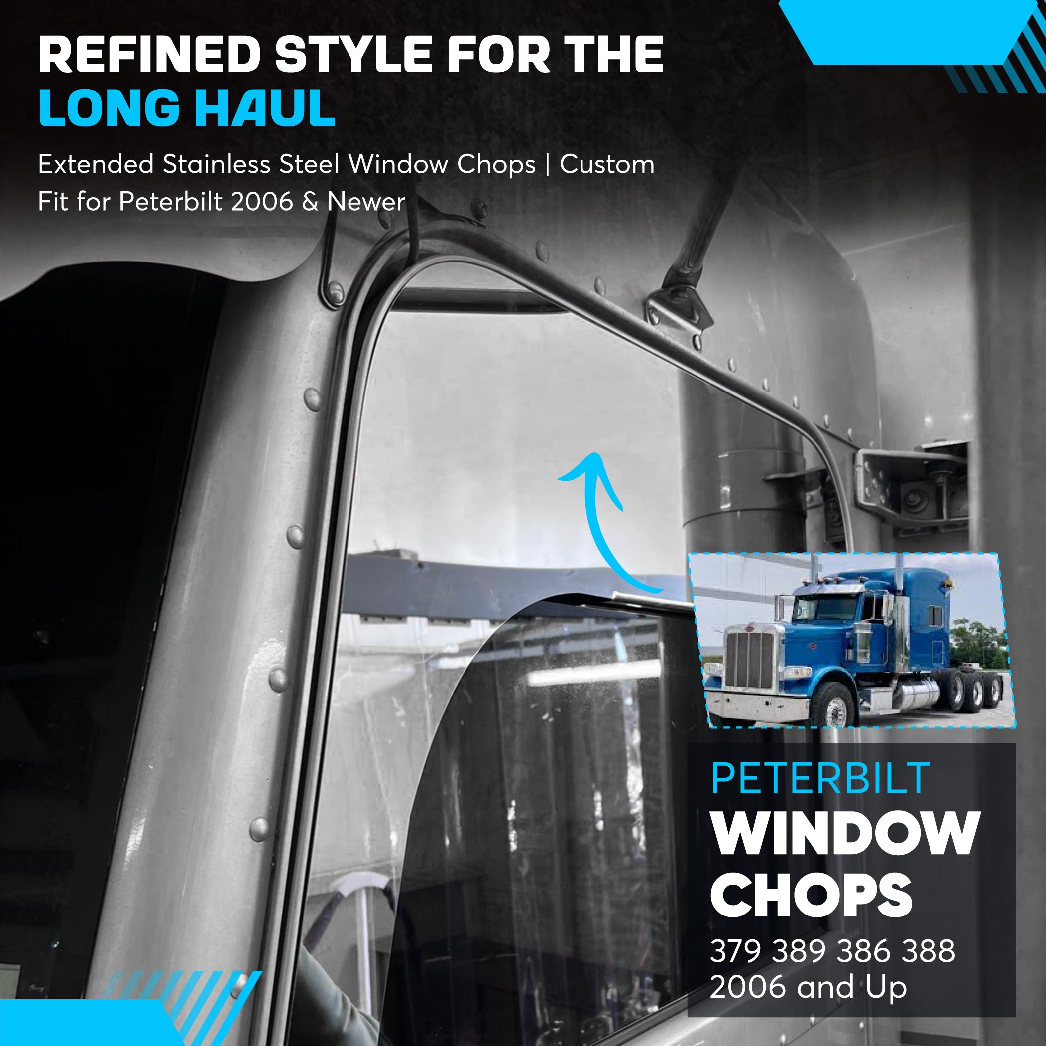 Peterbilt Window Chops 8 Inch Extended Set 379 389 386 388 2006 and Up