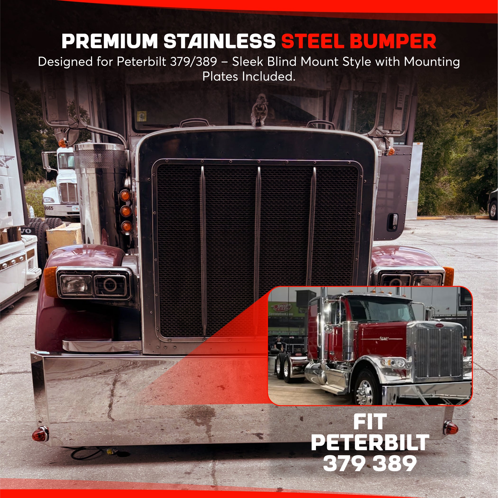 Peterbilt 379 389 Stainless Steel Mitered End Bumper, Blind Mount & Mounting Plates For Peterbilt By Floridas Finest Customs Works, Mirror Finish Made In USA