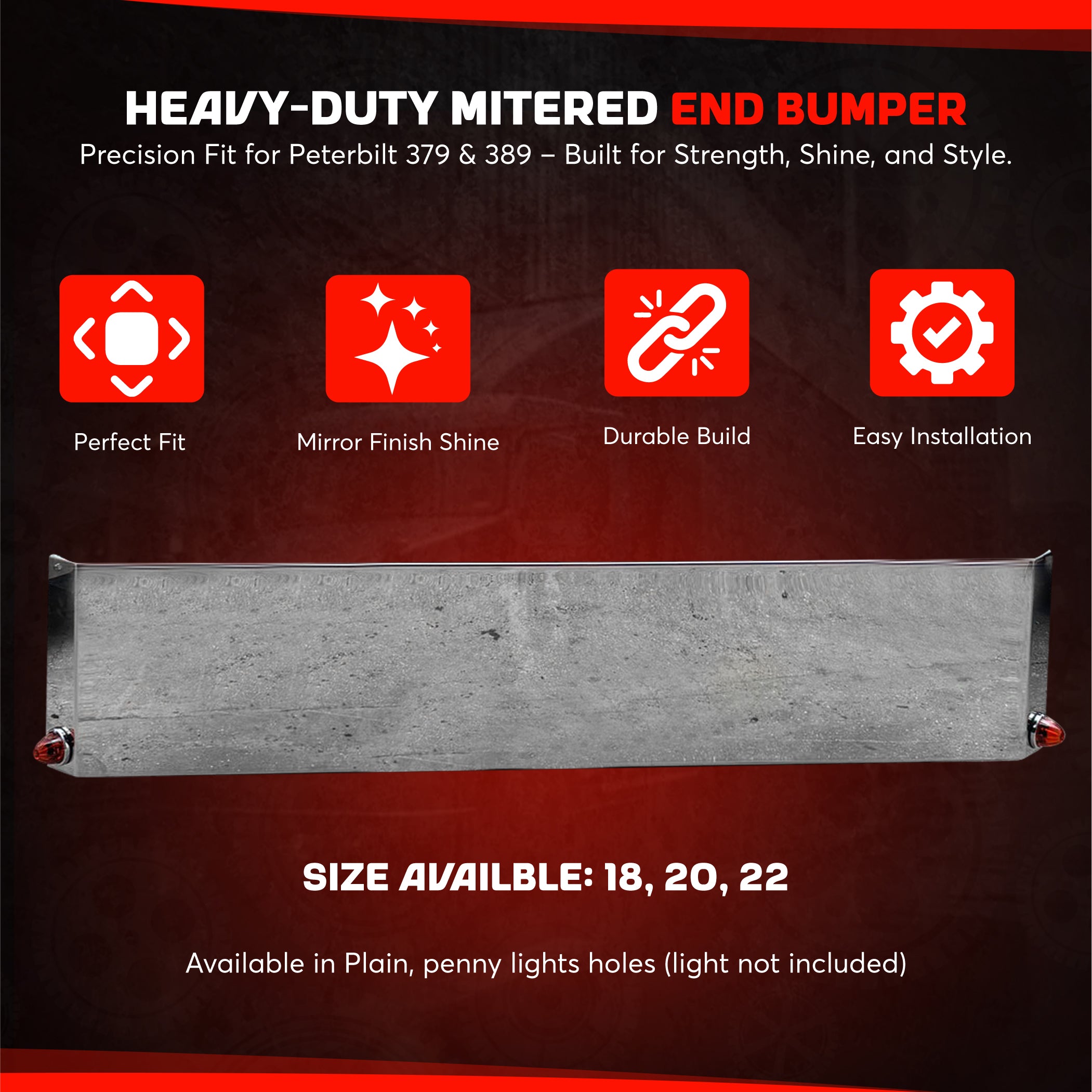 Peterbilt 379 389 Stainless Steel Mitered End Bumper, Blind Mount & Mounting Plates For Peterbilt By Floridas Finest Customs Works, Mirror Finish Made In USA